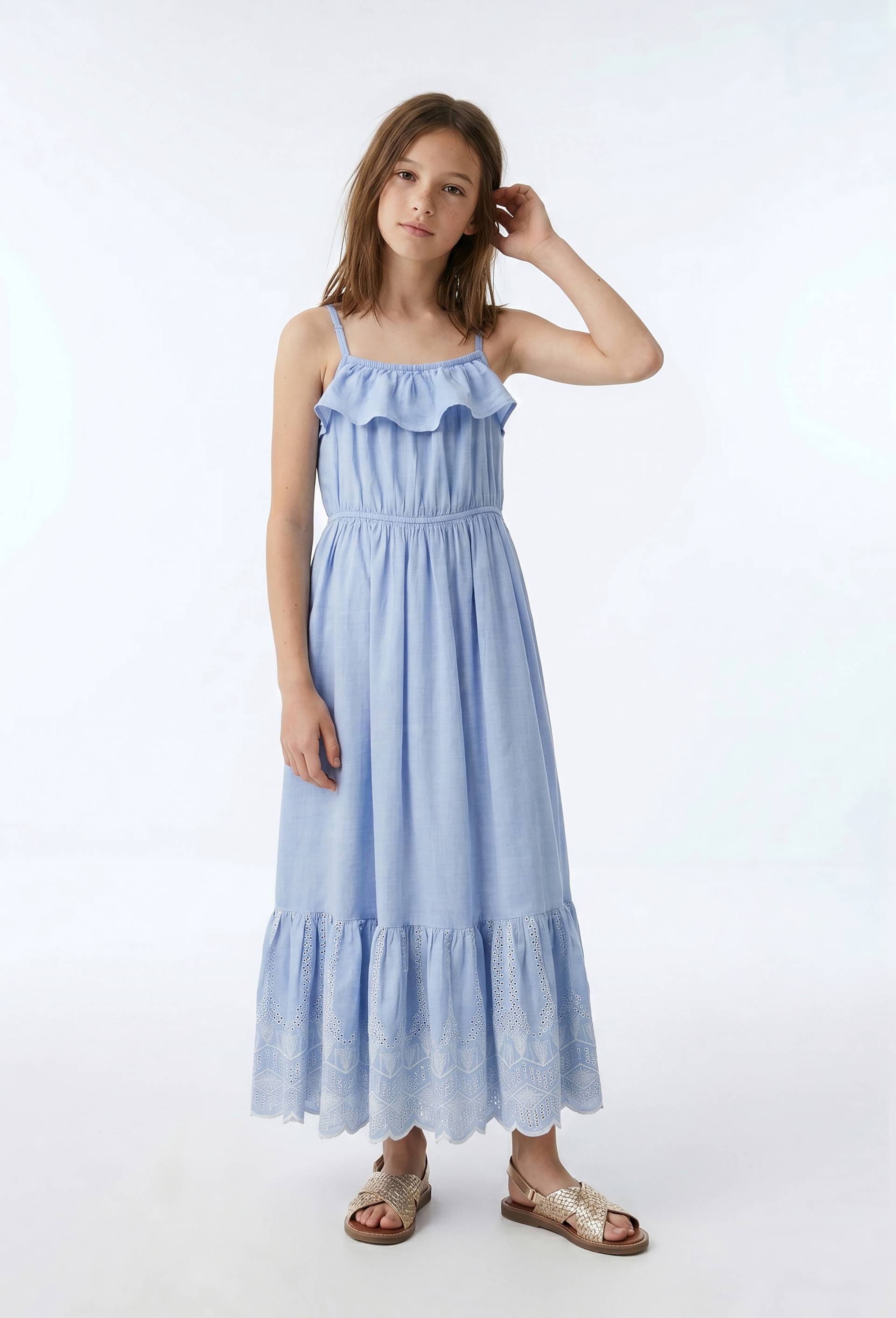 Robe longue &agrave; bretelles brod&eacute;e en coton, Bleu clair, large image number 0.0