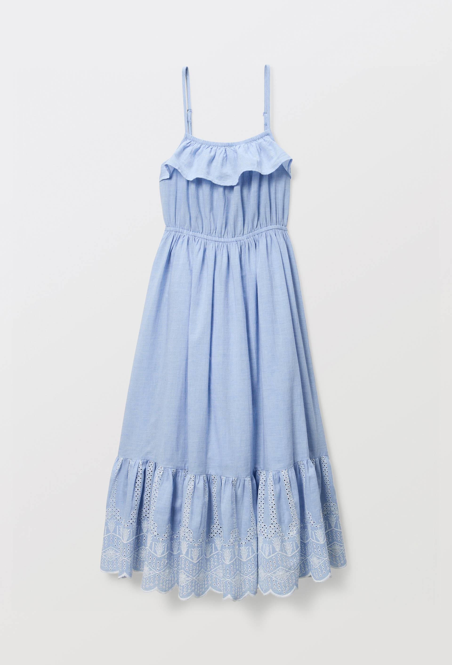 Robe longue &agrave; bretelles brod&eacute;e en coton, Bleu clair, large image number 1.0
