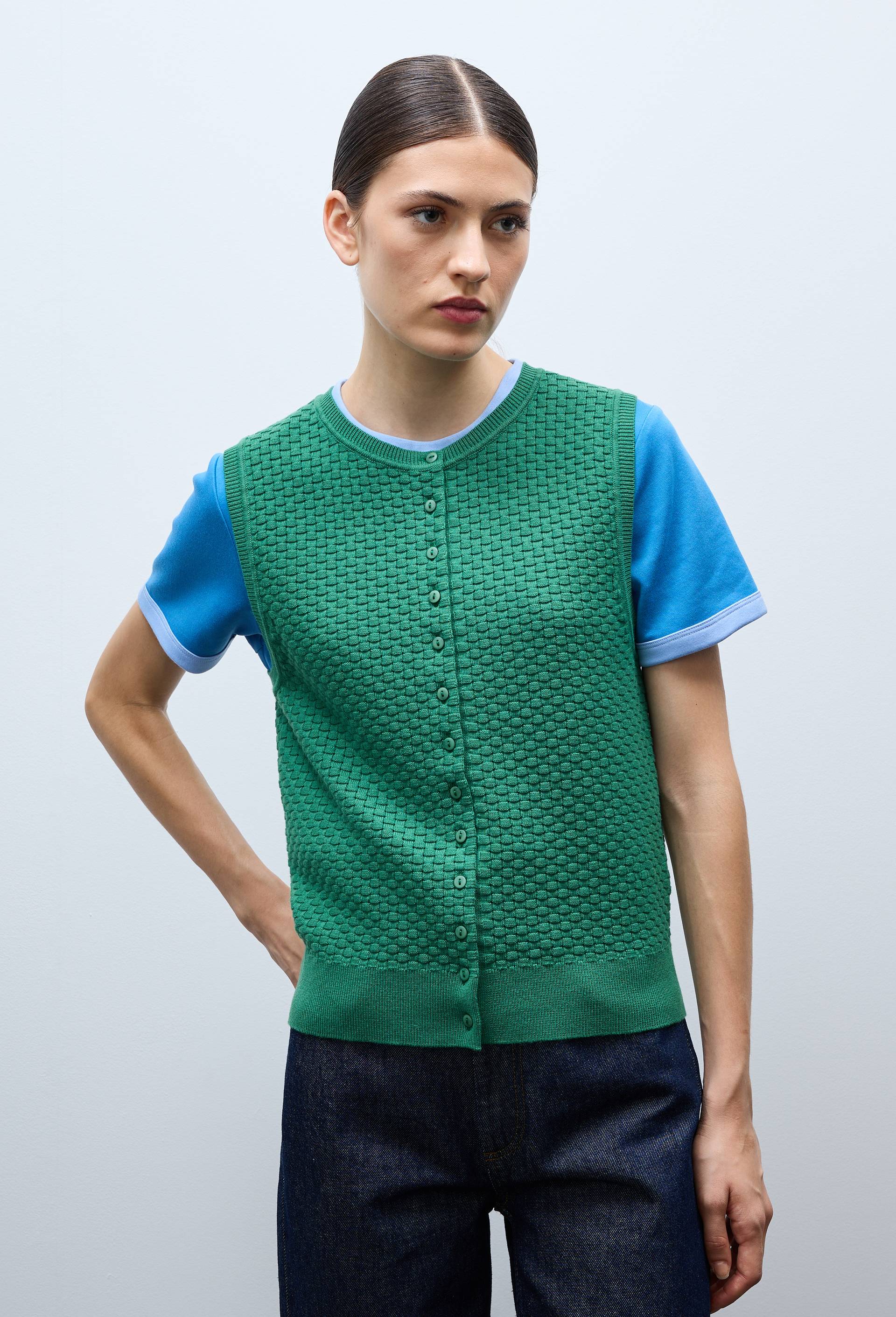 Cardigan sans manches en maille fantaisie, Vert, large image number 0.0