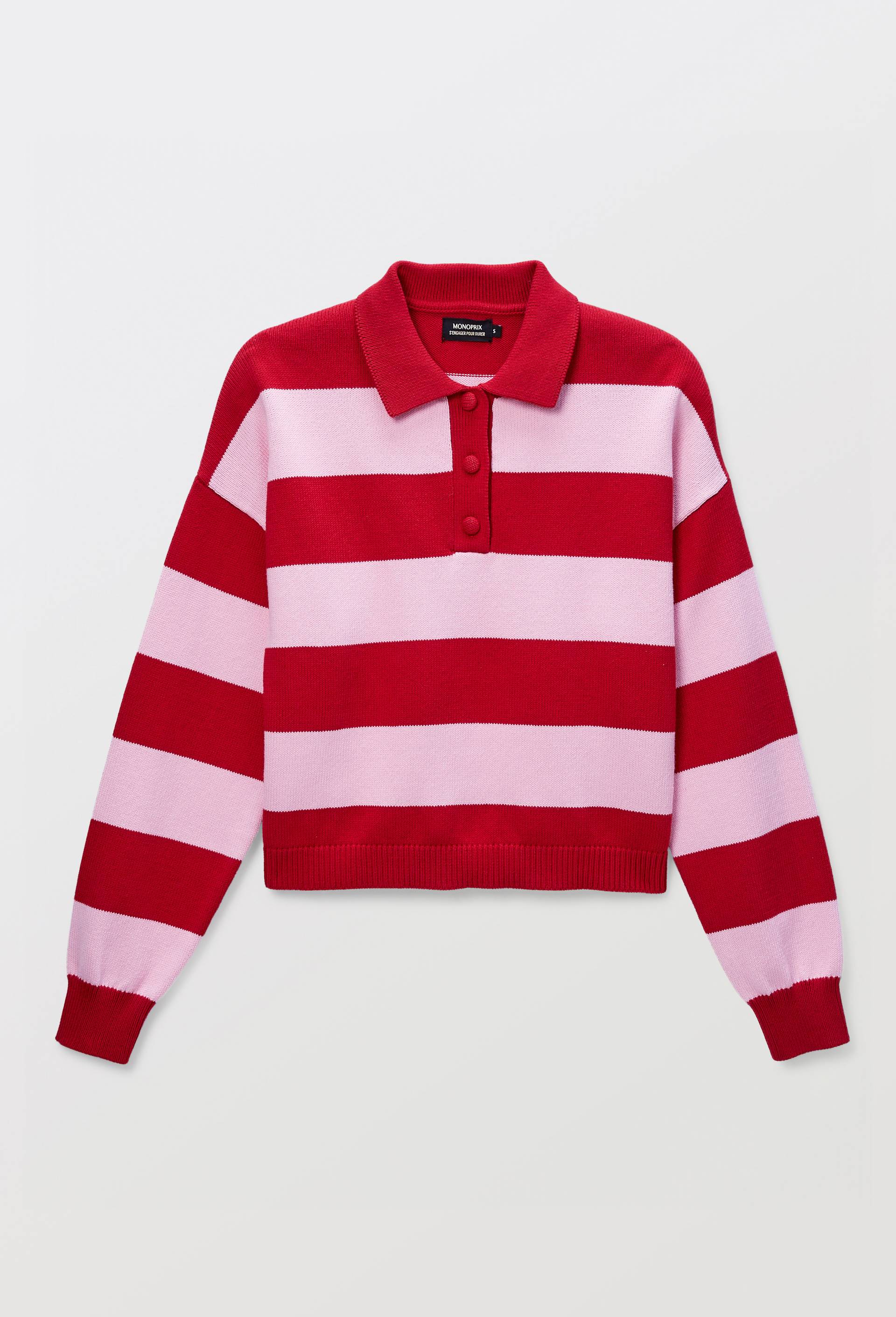 Pull ray&eacute; &agrave; col polo, Rouge, large image number 3