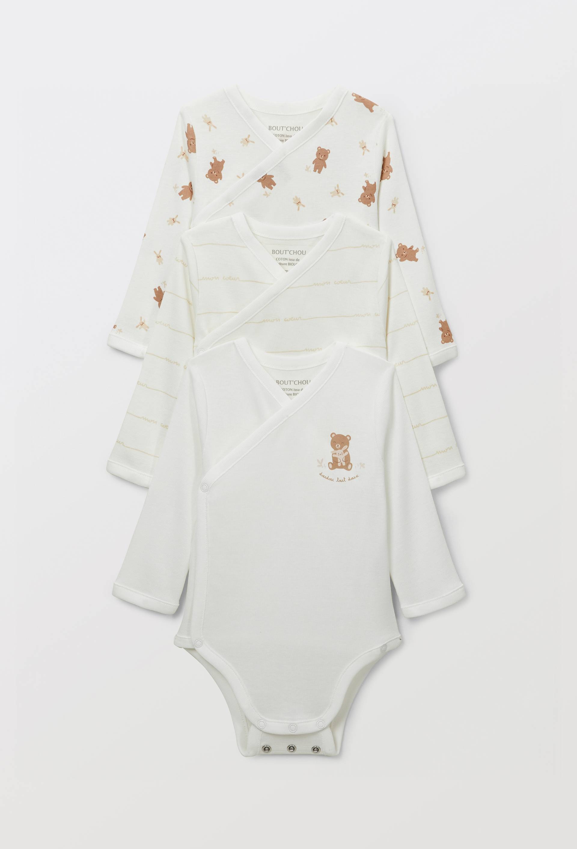 Lot de 3 bodies crois&eacute;s manches longues uni en coton BIO GOTS, Ecru, large image number 0