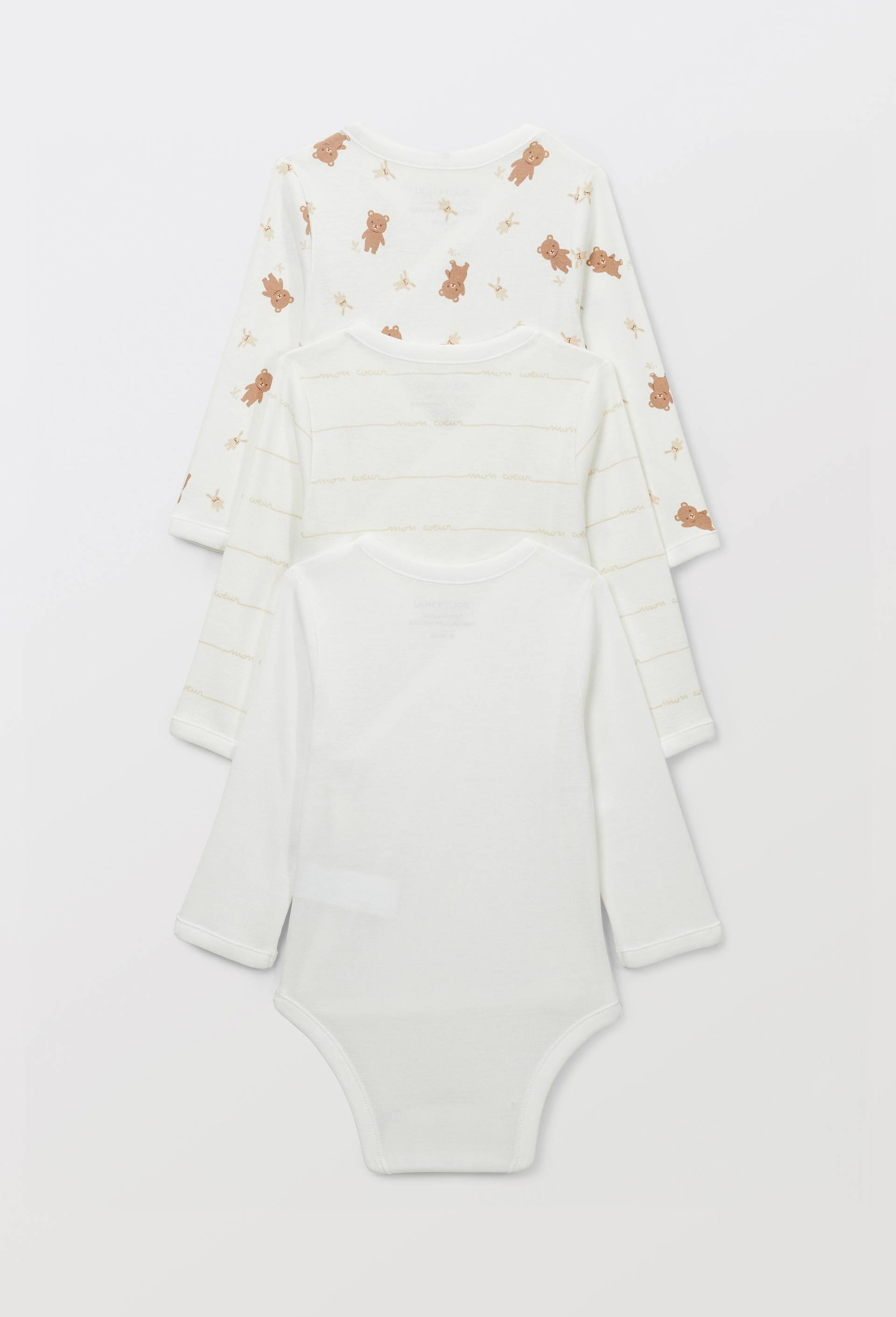 Lot de 3 bodies crois&eacute;s manches longues uni en coton BIO GOTS, Ecru, large image number 1.0