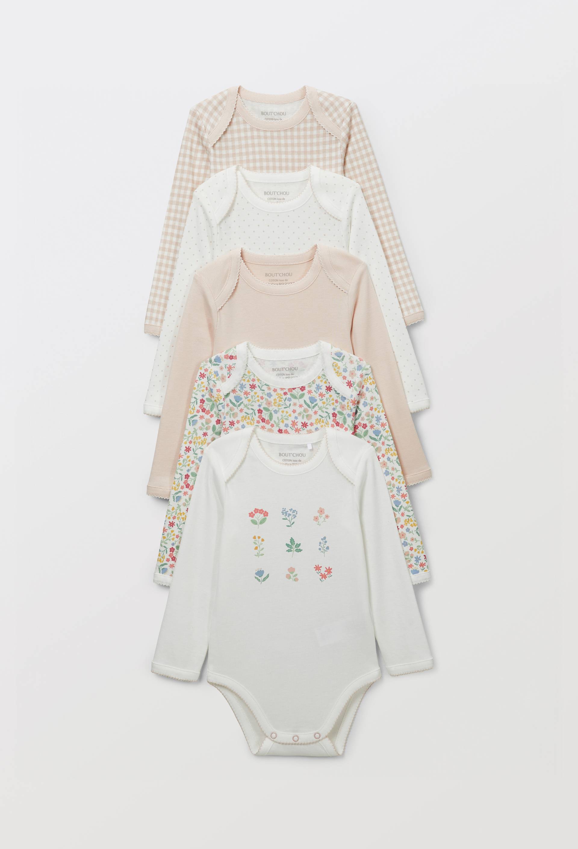 Lot de 5 bodies manches longues imprim&eacute; en coton BIO GOTS, Rose clair, large image number 0.0