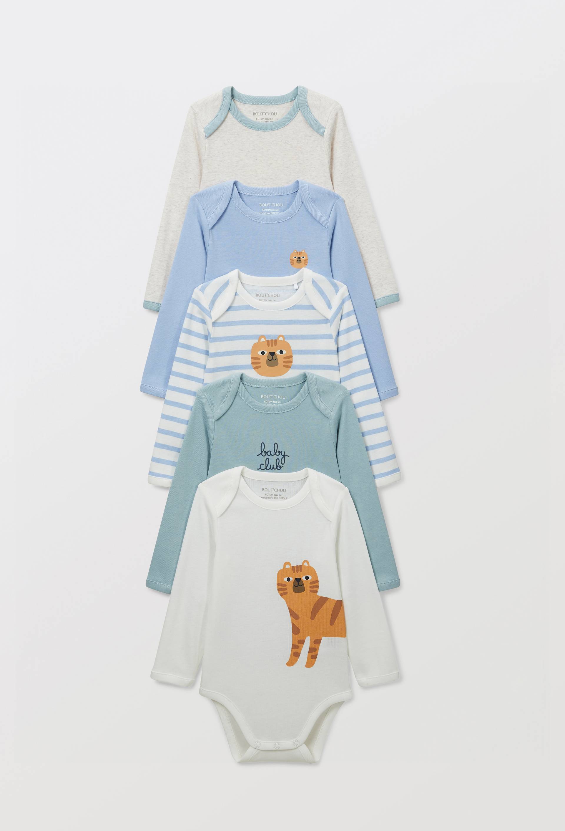 Lot de 5 bodies manches longues imprim&eacute; en coton BIO GOTS, Bleu, large image number 0