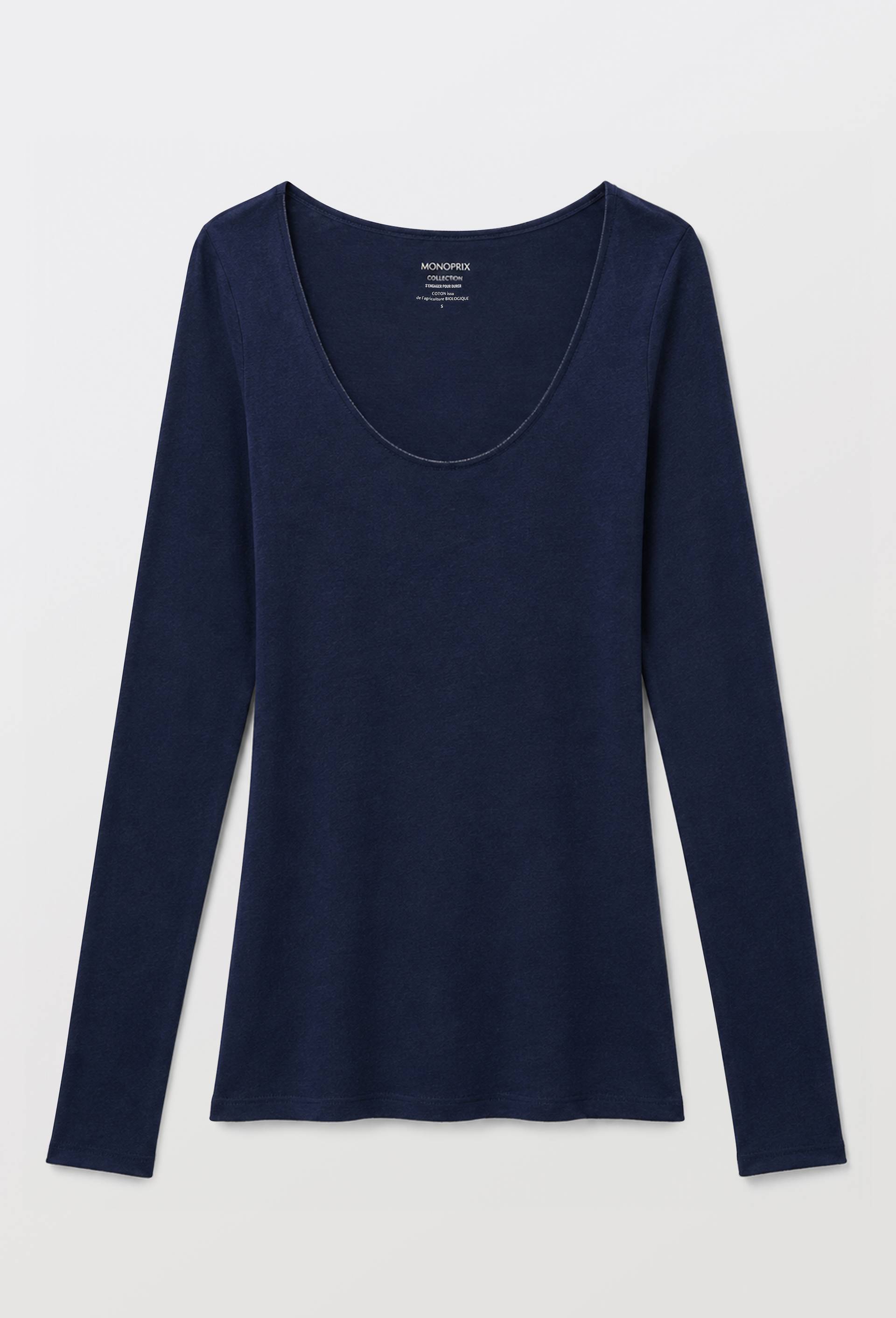 T-shirt manches longues col ouvert contenant de la laine, Bleu fonc&eacute;, large image number 2.0