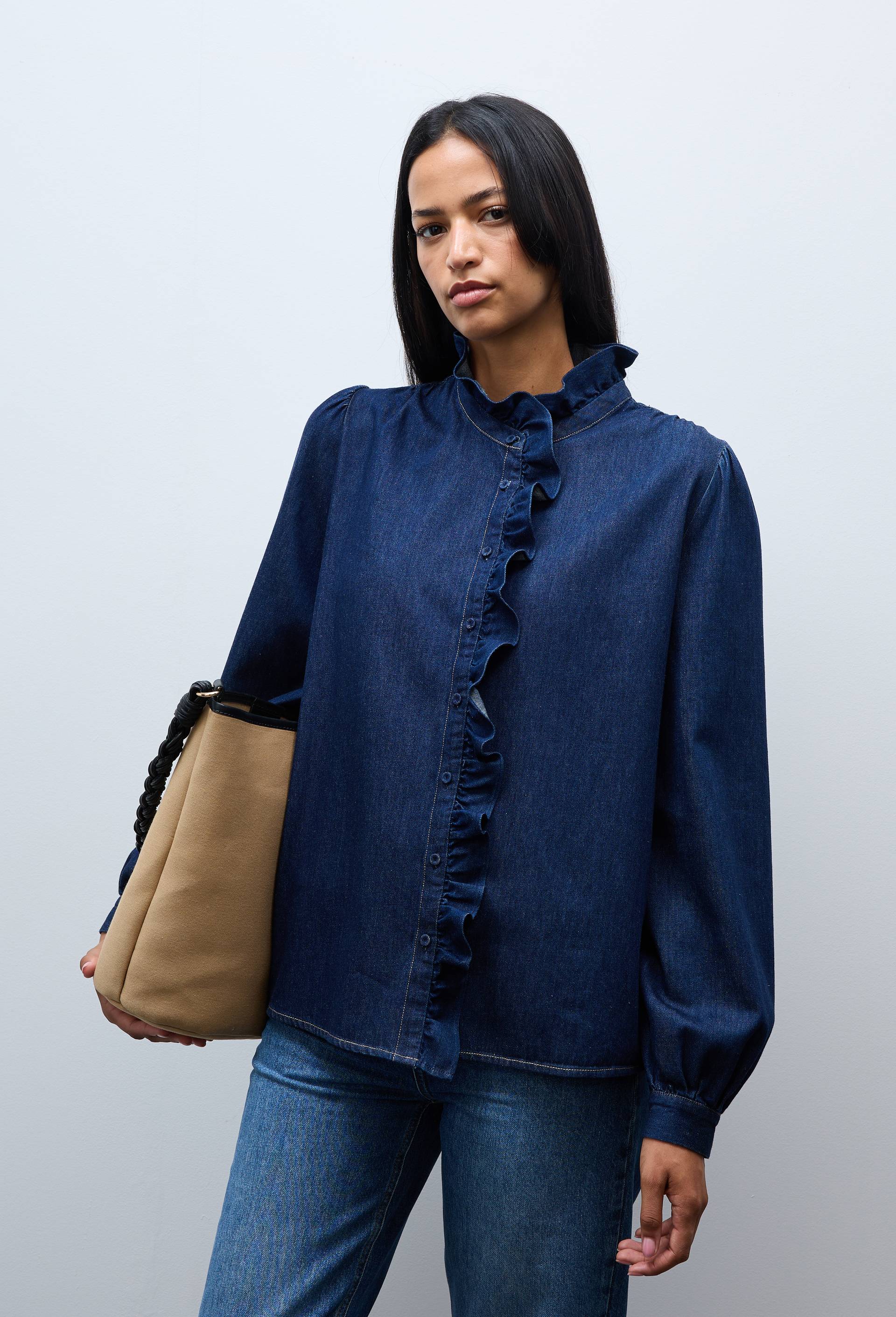Blouse manches longues unie en jean en coton BIO GOTS, Bleu fonc&eacute;, swatch image