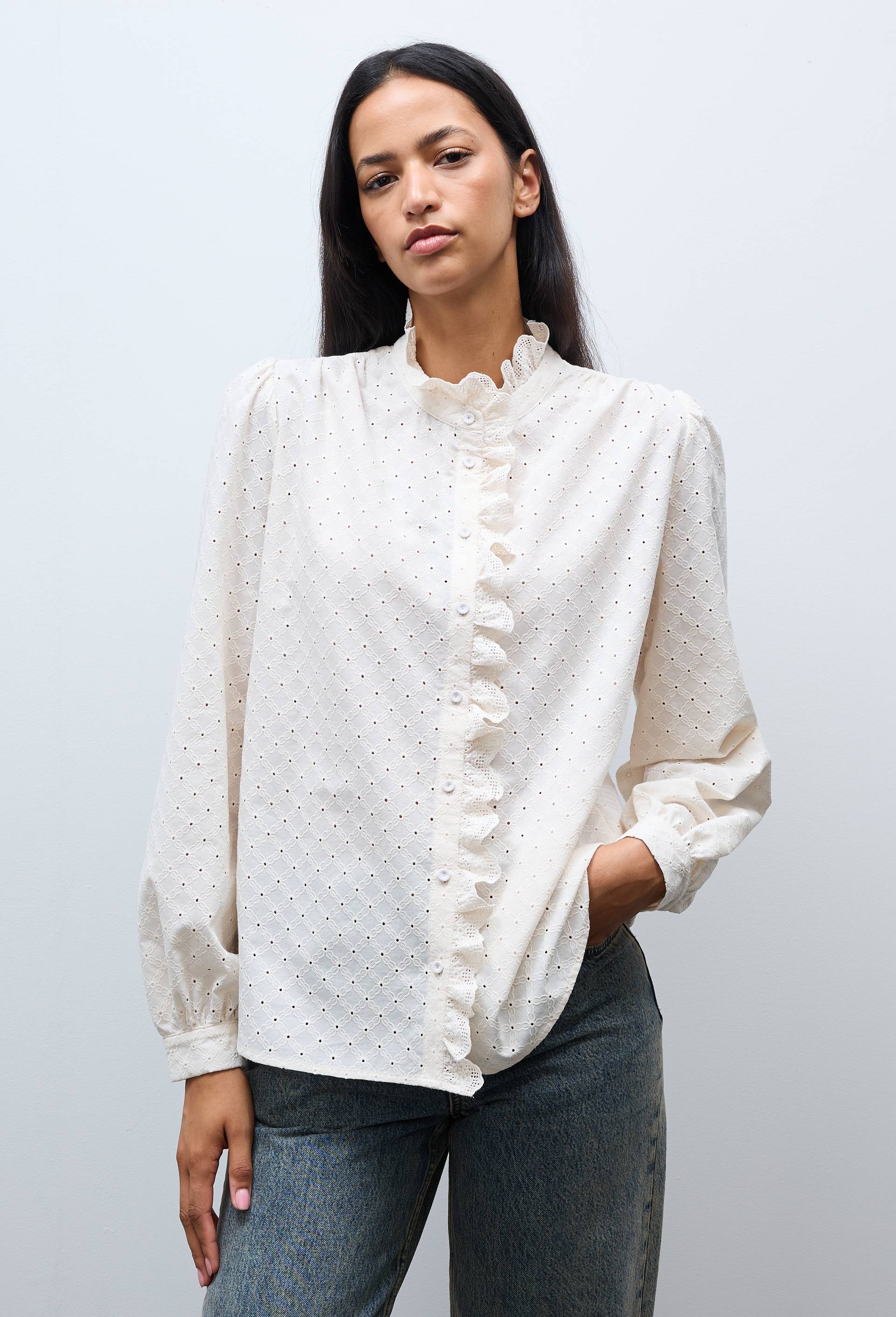 Blouse manches longues brod&eacute;e en coton, Ecru, large image number 0