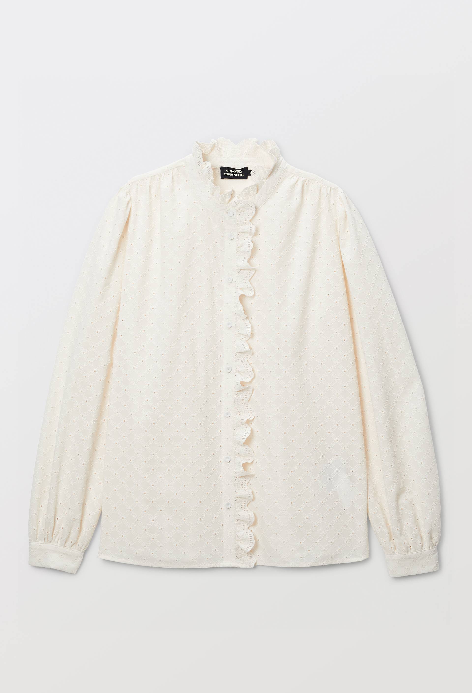 Blouse manches longues brod&eacute;e en coton, Ecru, large image number 2