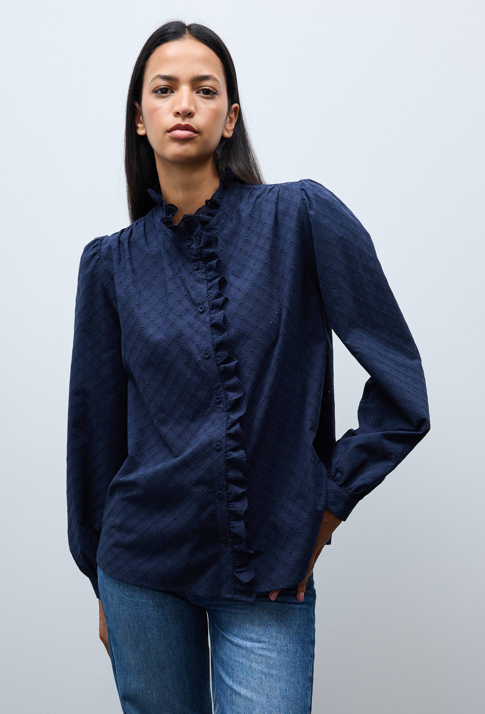 Blouse manches longues brod&eacute;e en coton, Bleu fonc&eacute;, large image number 0