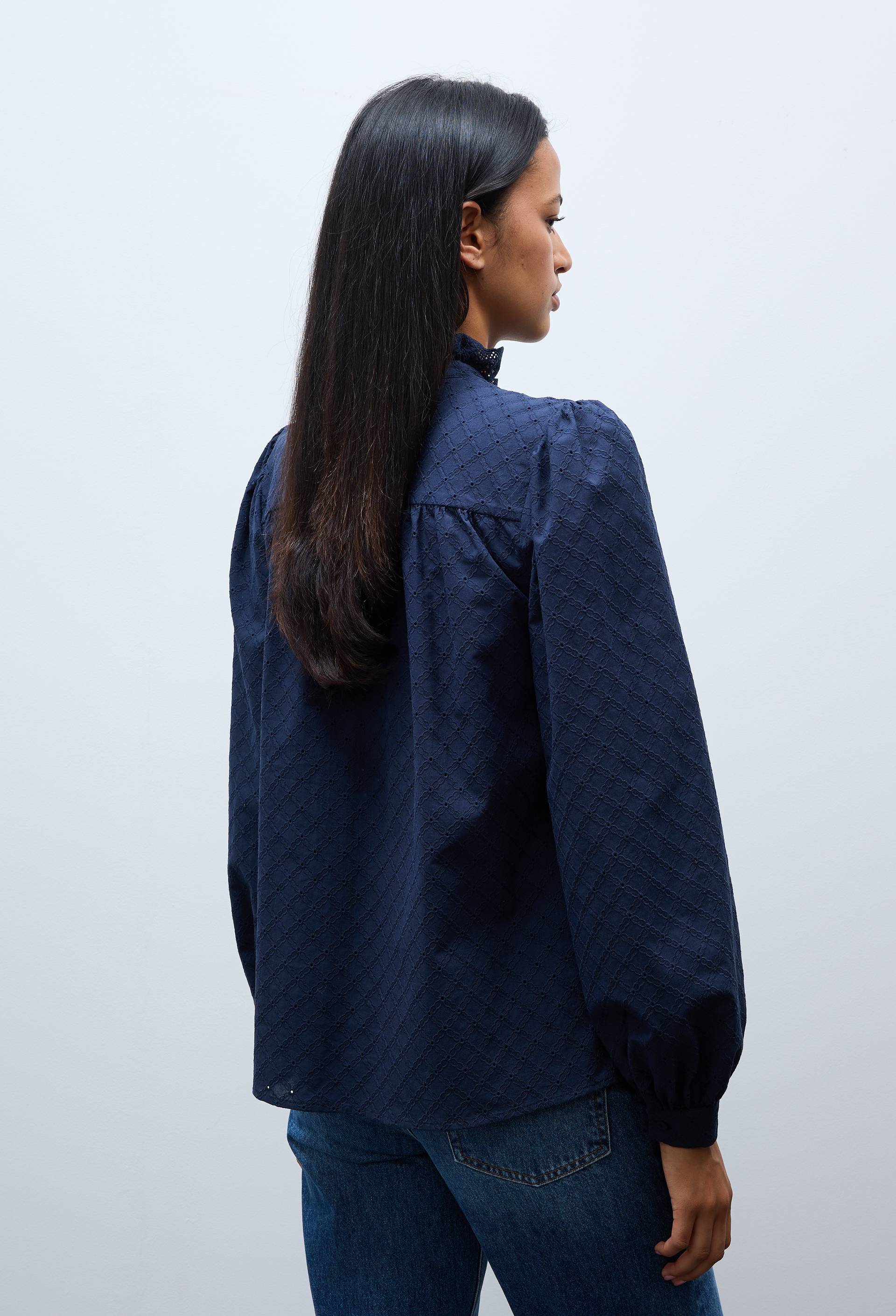 Blouse manches longues brod&eacute;e en coton, Bleu fonc&eacute;, large image number 1
