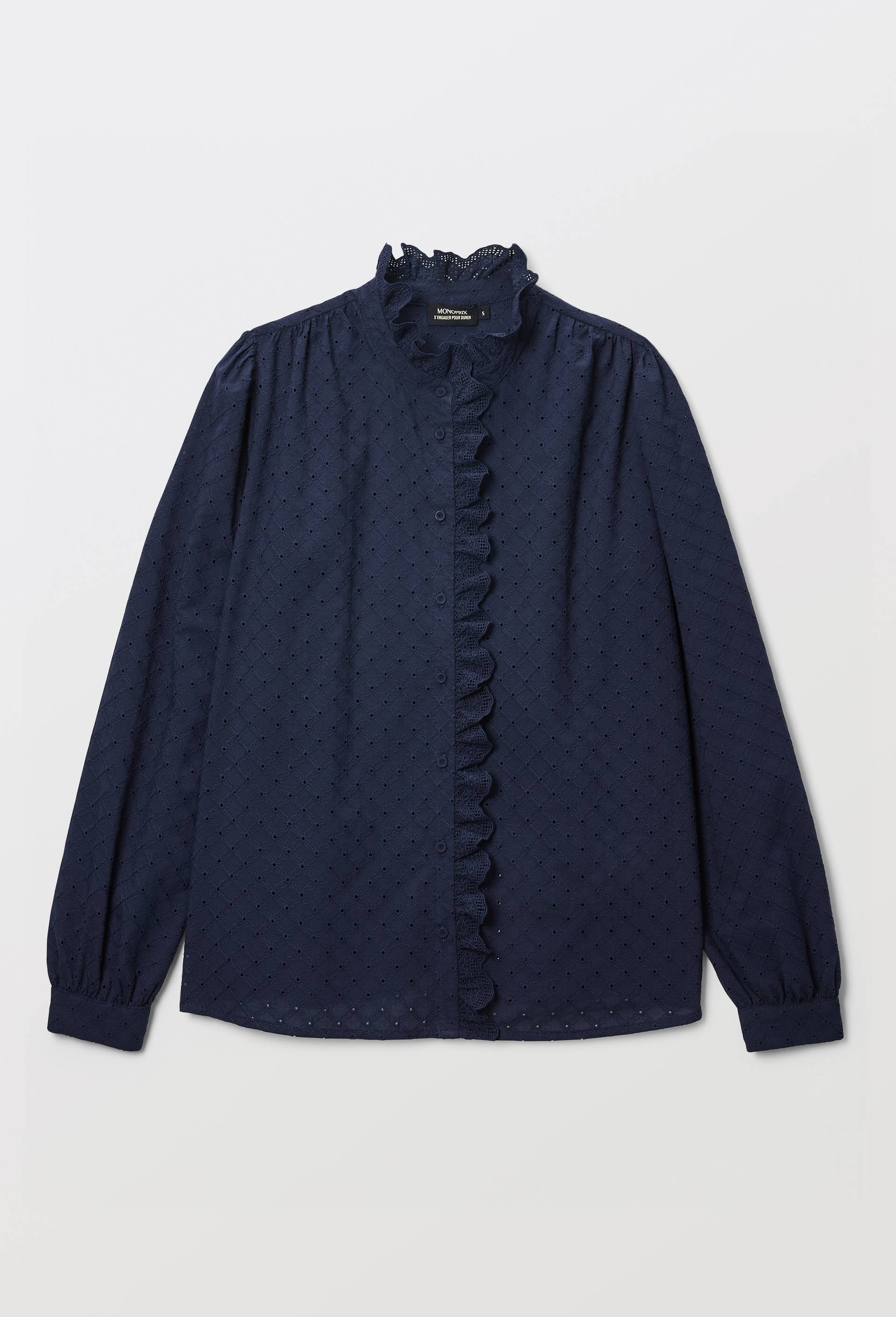 Blouse manches longues brod&eacute;e en coton, Bleu fonc&eacute;, large image number 2