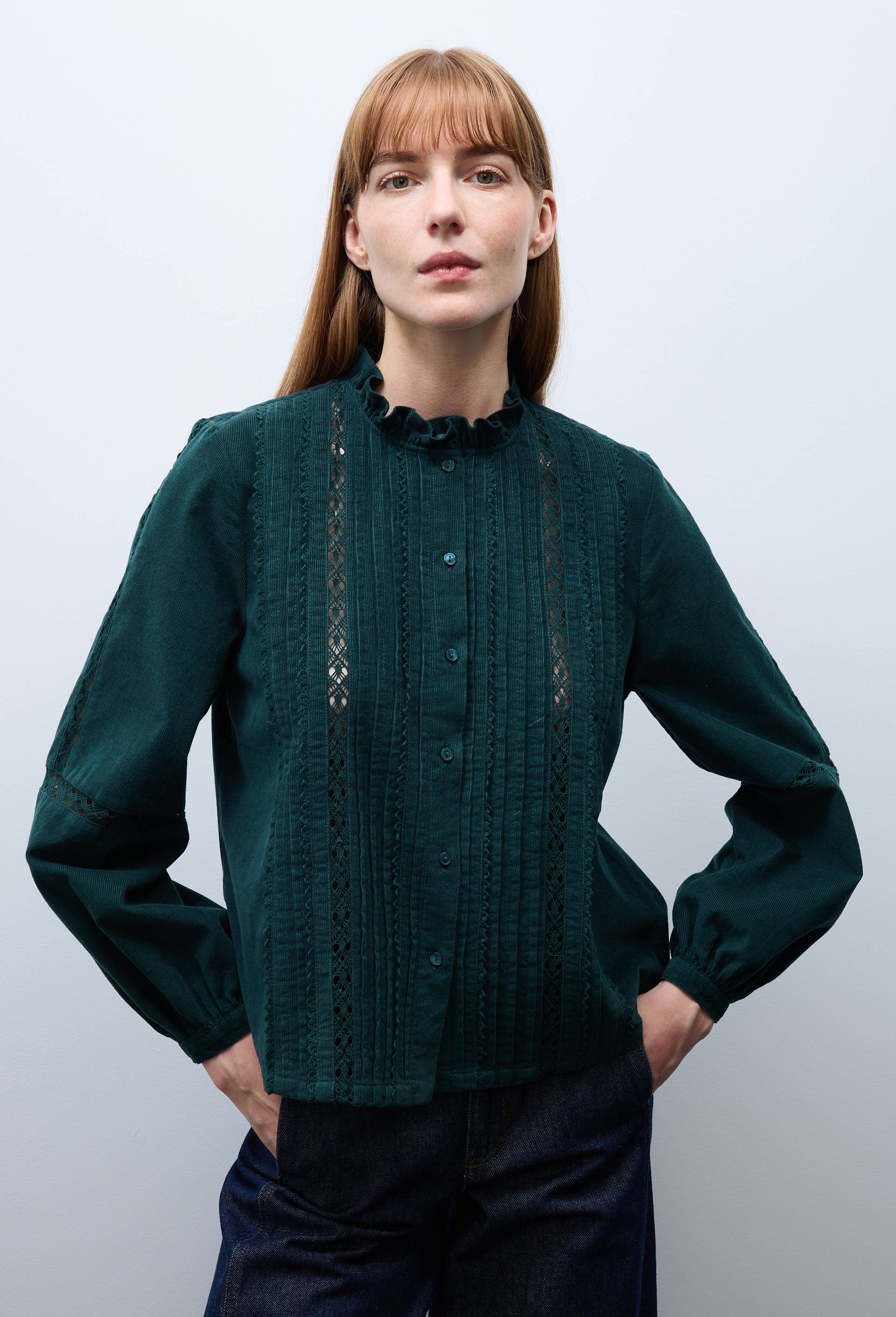 Blouse velours &agrave; d&eacute;tails en coton BIO GOTS, Vert fonc&eacute;, large image number 0