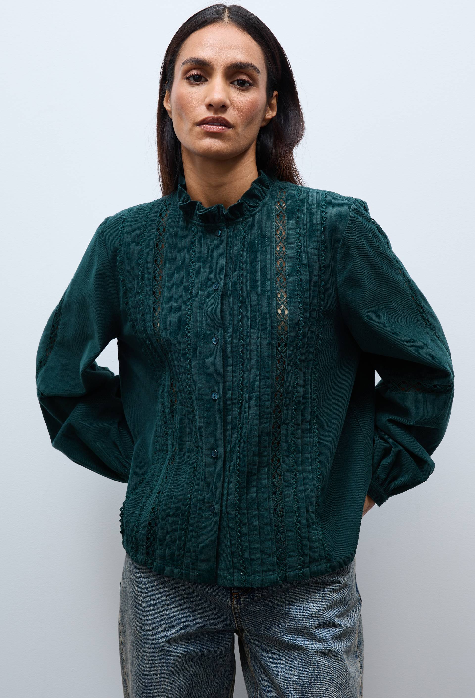 Blouse velours &agrave; d&eacute;tails en coton BIO GOTS, Vert fonc&eacute;, large image number 0
