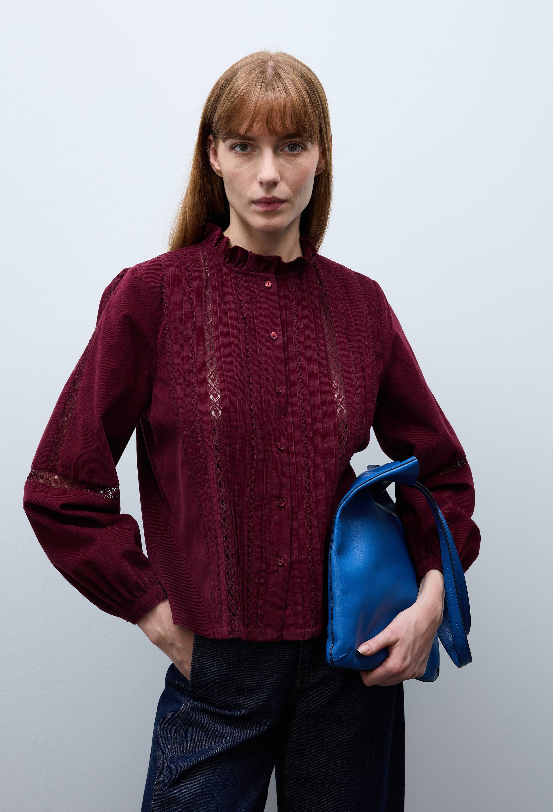 Blouse velours &agrave; d&eacute;tails en coton BIO GOTS, Rouge fonc&eacute;, large image number 0.0
