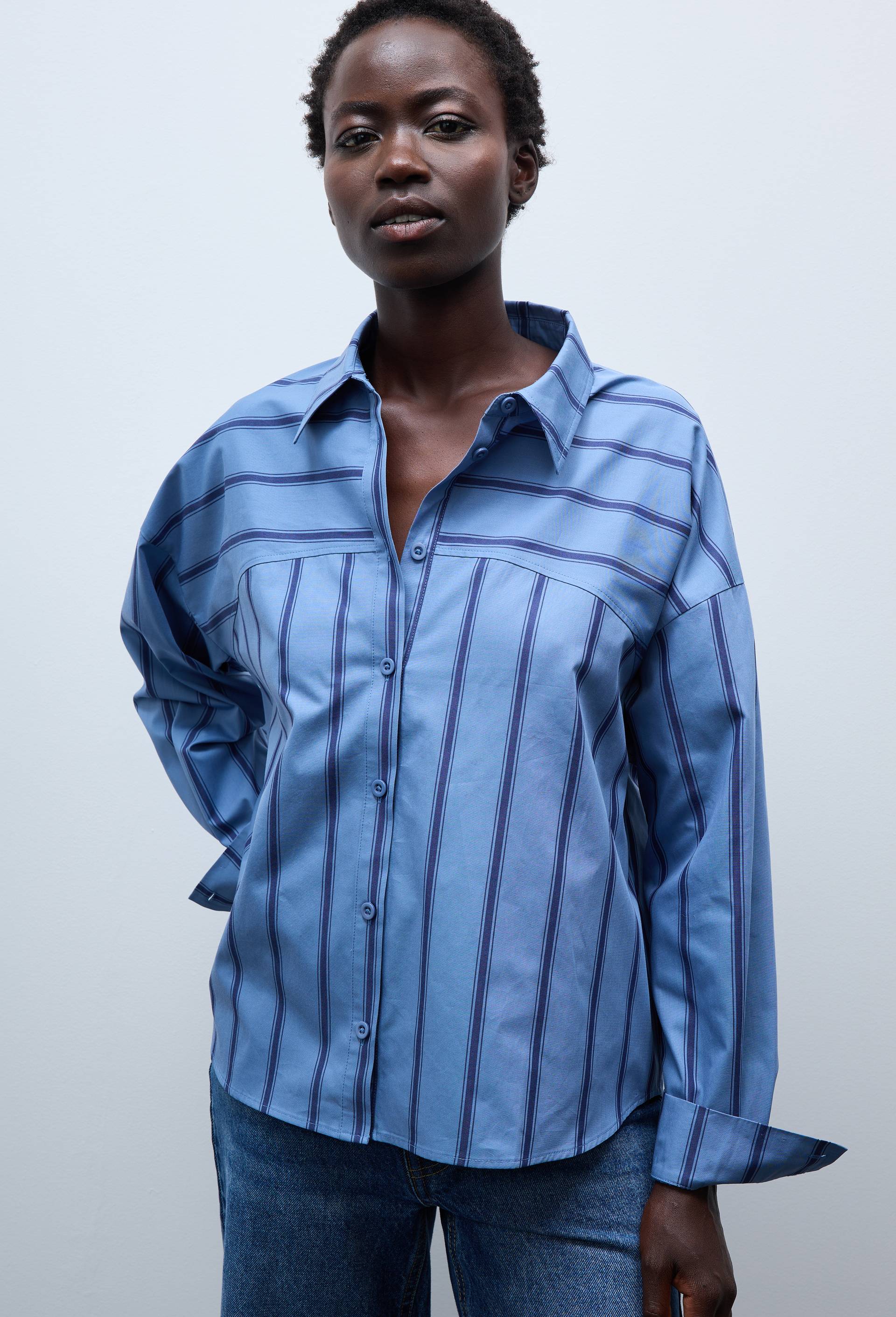 Chemise manches longues ray&eacute;e en coton BIO GOTS, Bleu, large image number 0