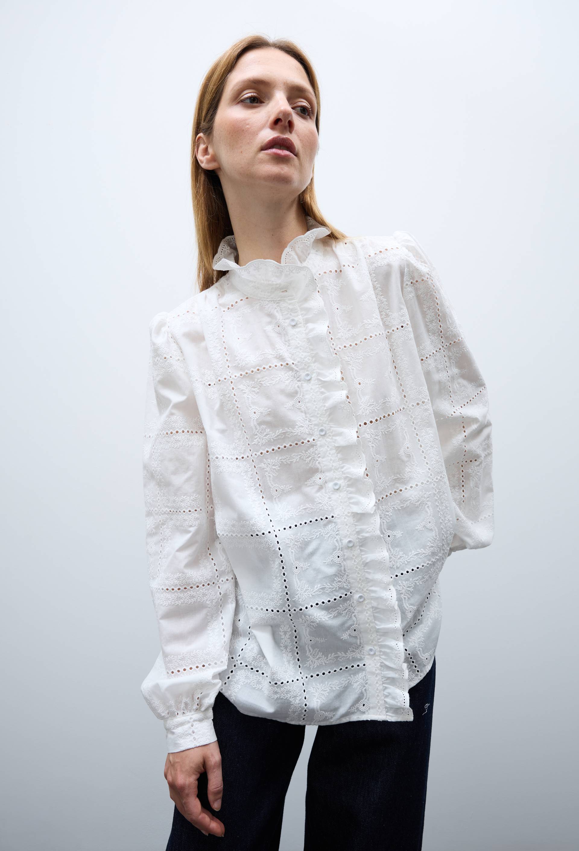 Blouse manches longues brod&eacute;e en coton, Blanc, large image number 0