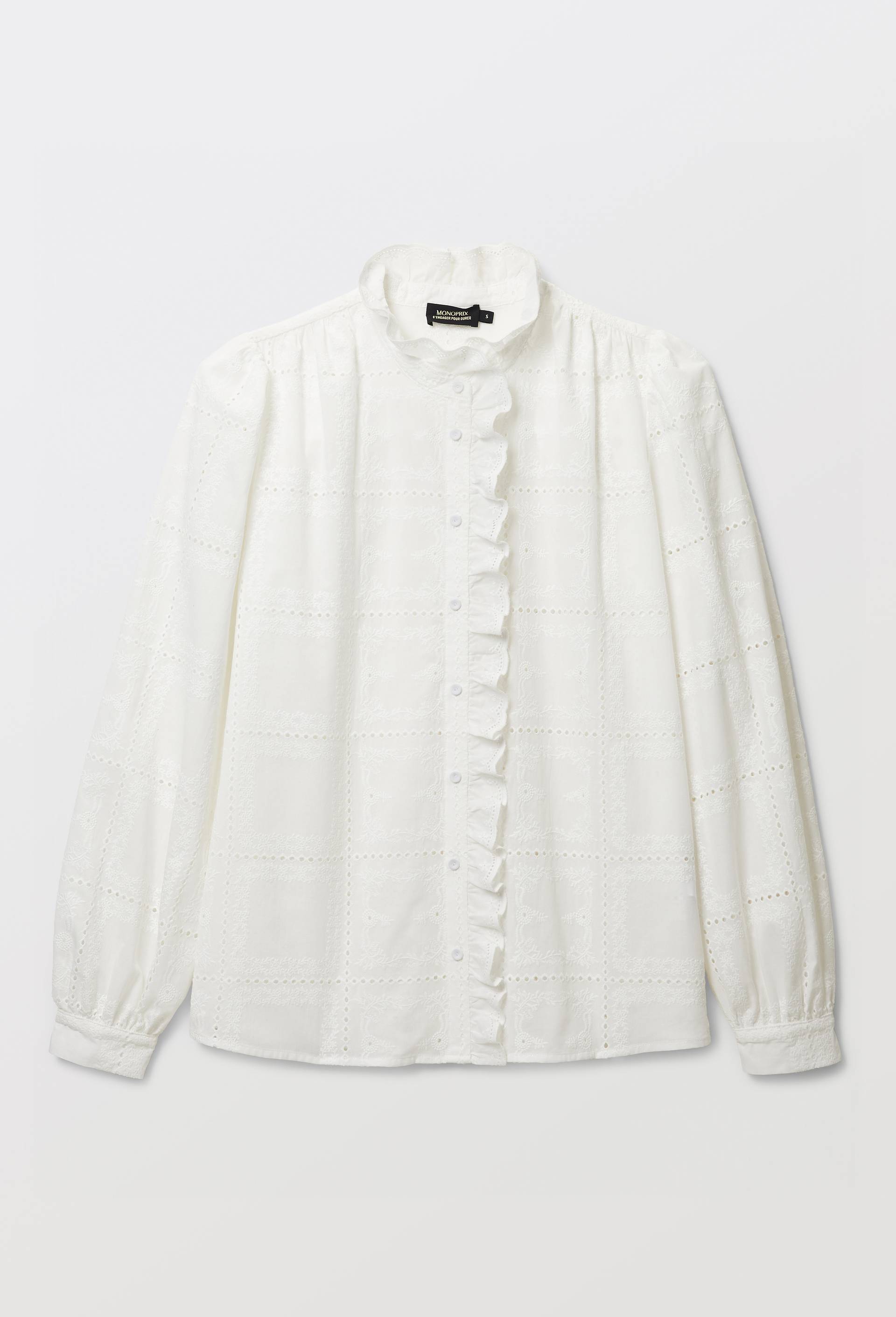 Blouse manches longues brod&eacute;e en coton, Blanc, large image number 2