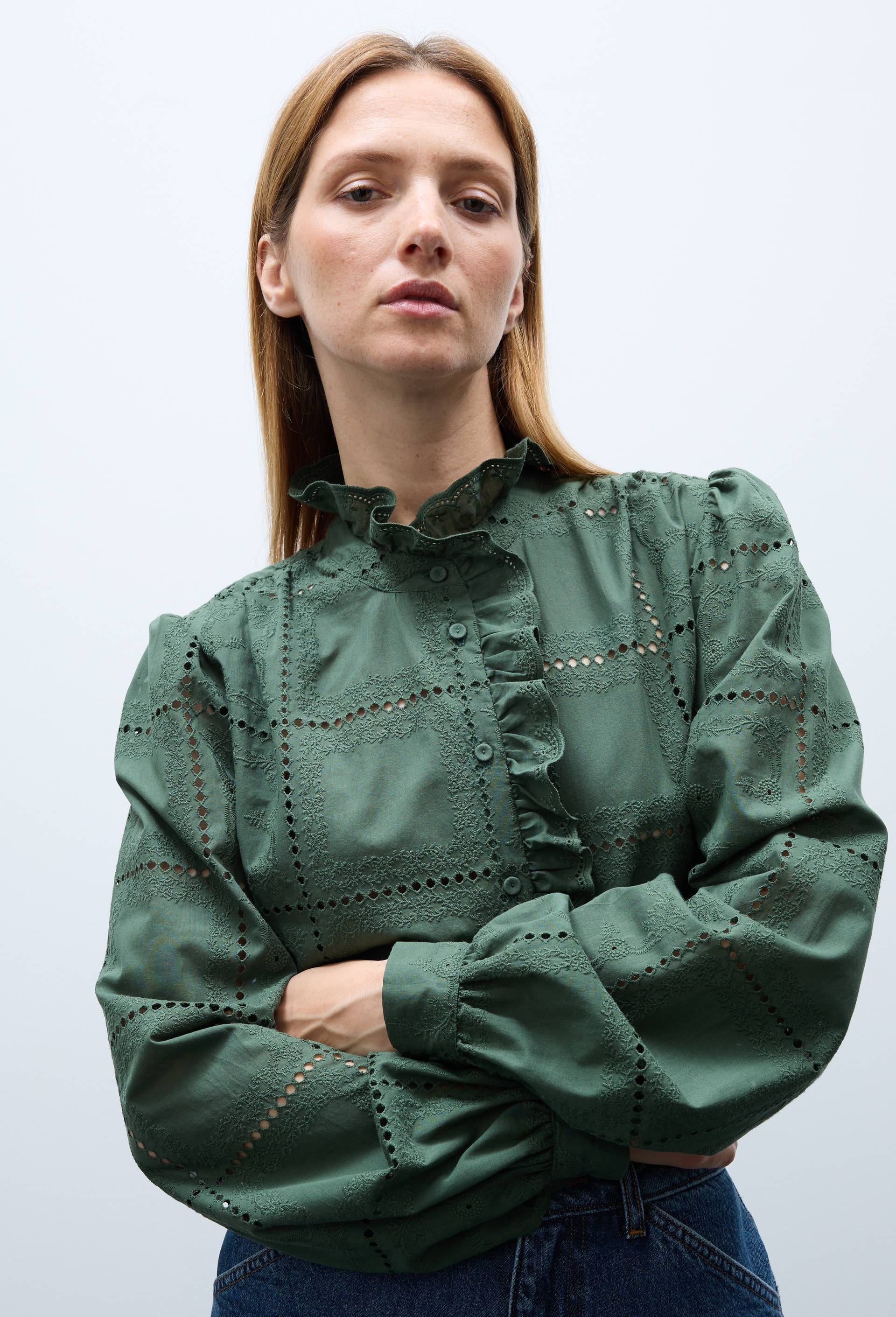 Blouse manches longues brod&eacute;e en coton, Vert fonc&eacute;, large image number 0