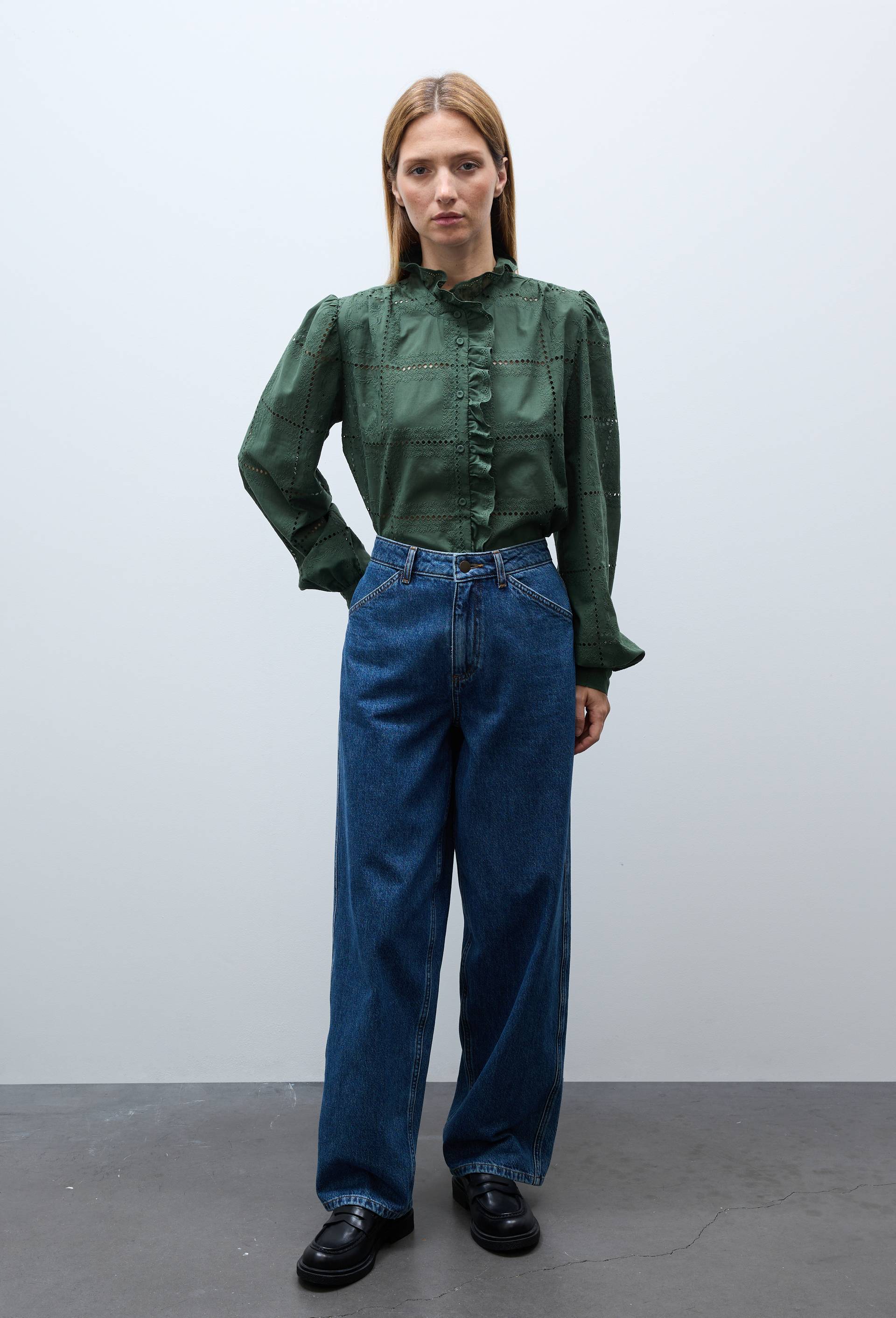 Blouse manches longues brod&eacute;e en coton, Vert fonc&eacute;, large image number 1