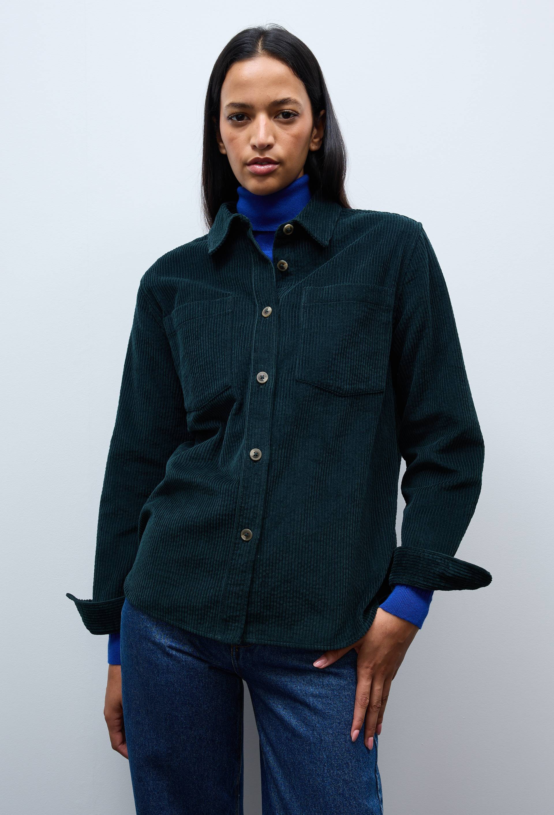 Chemise manches longues en velours en coton BIO GOTS, Vert fonc&eacute;, large image number 0