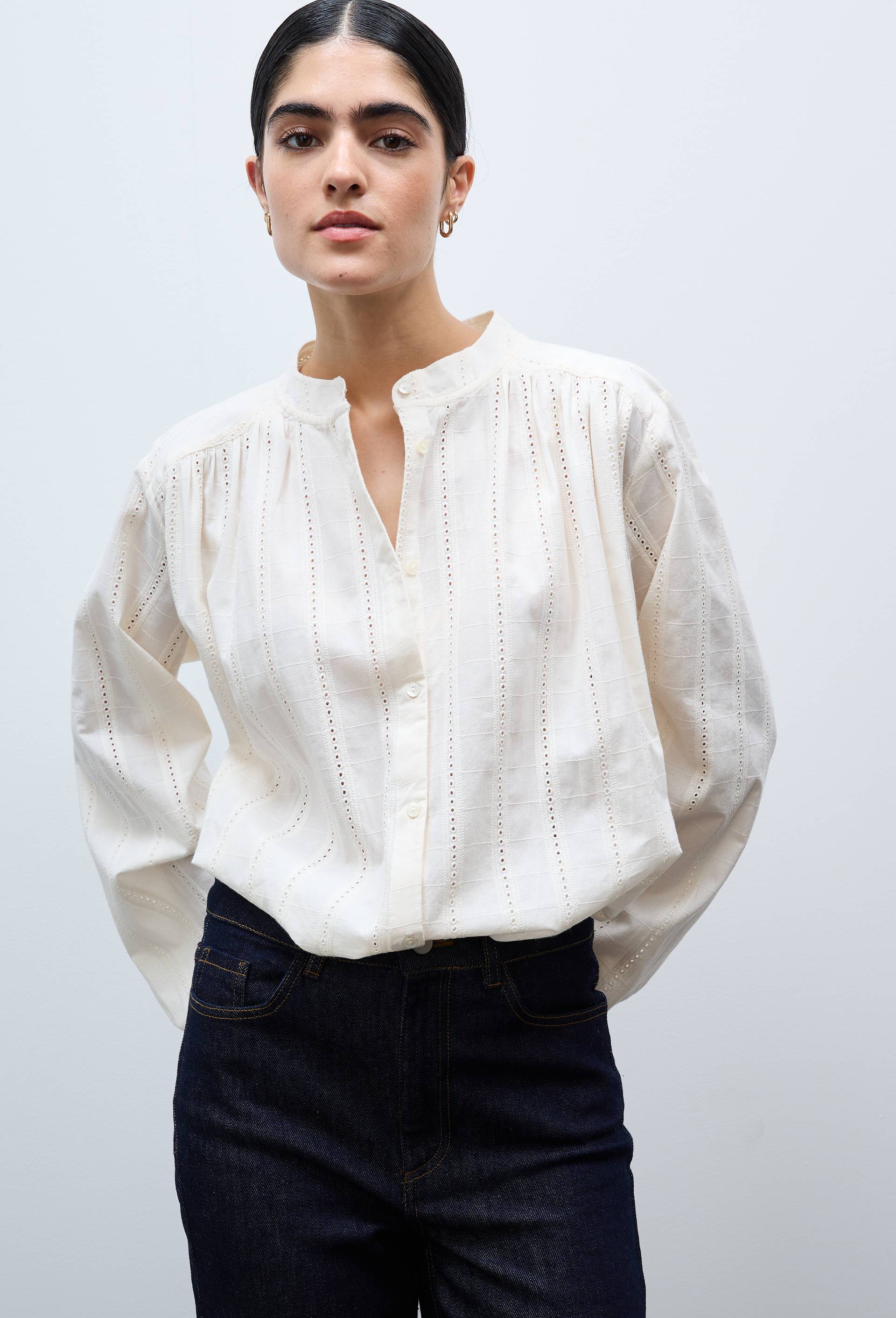 Blouse manches longues en dentelle en coton, Ecru, large image number 0.0