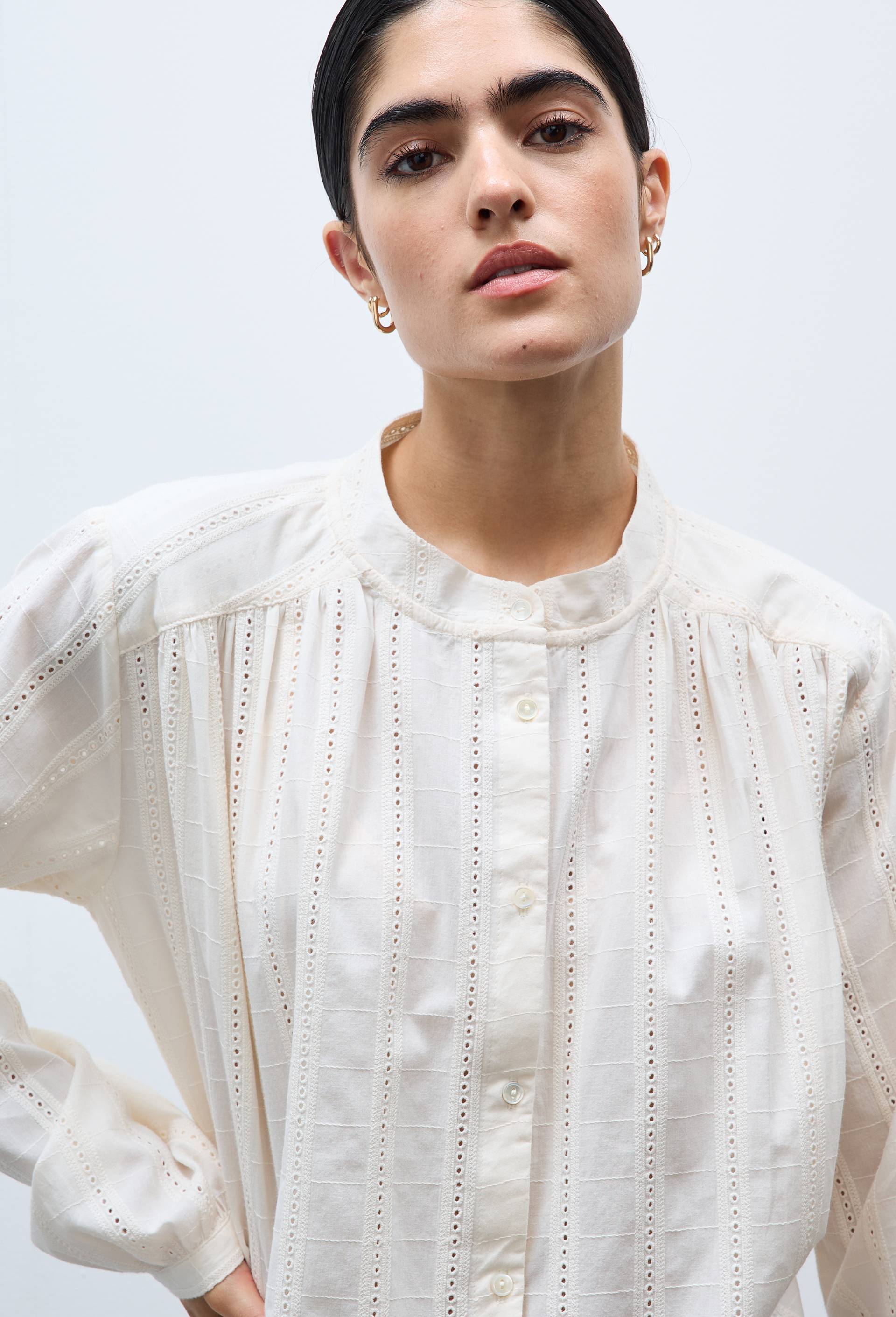 Blouse manches longues en dentelle en coton, Ecru, large image number 1