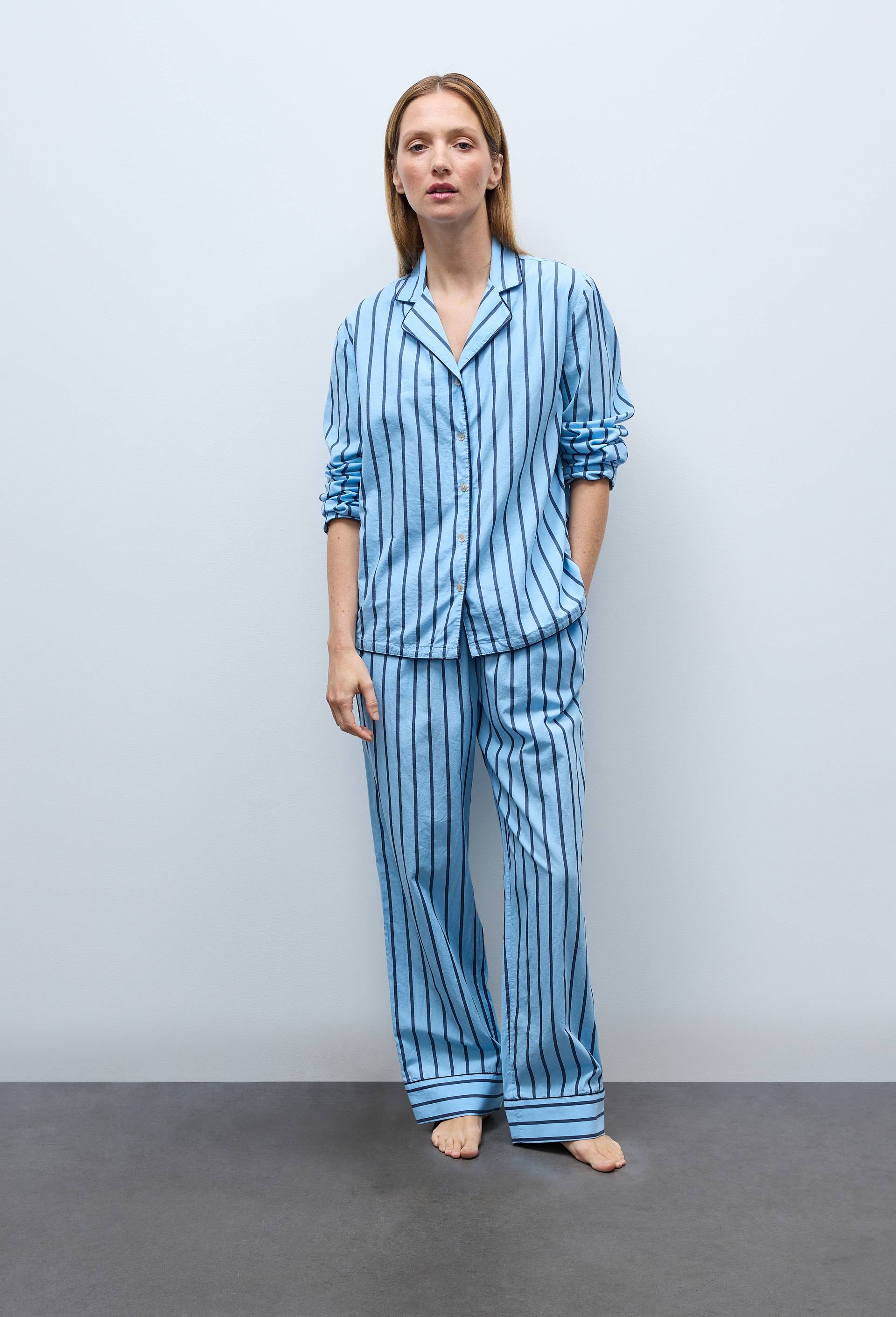 Pantalon ray&eacute; en coton bio GOTS, Bleu, large image number 1