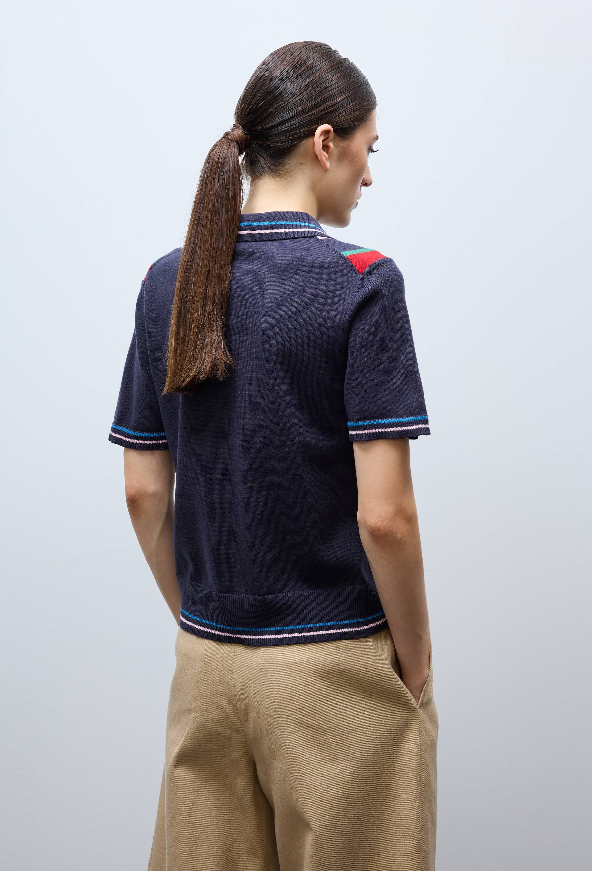 Polo ray&eacute; en maille &agrave; manches courtes, Bleu fonc&eacute;, large image number 1.0
