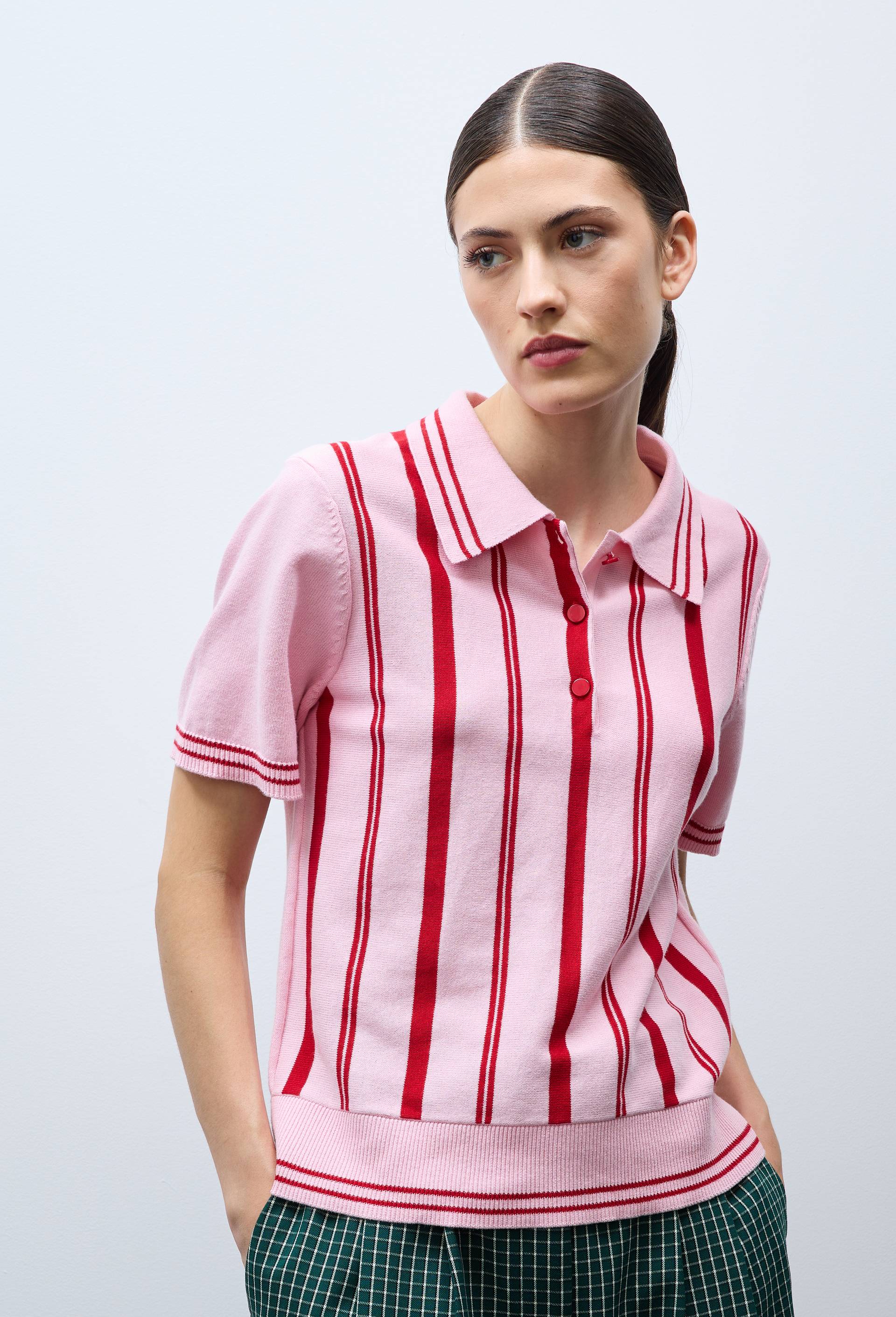 Polo ray&eacute; en maille &agrave; manches courtes, Rose, large image number 0
