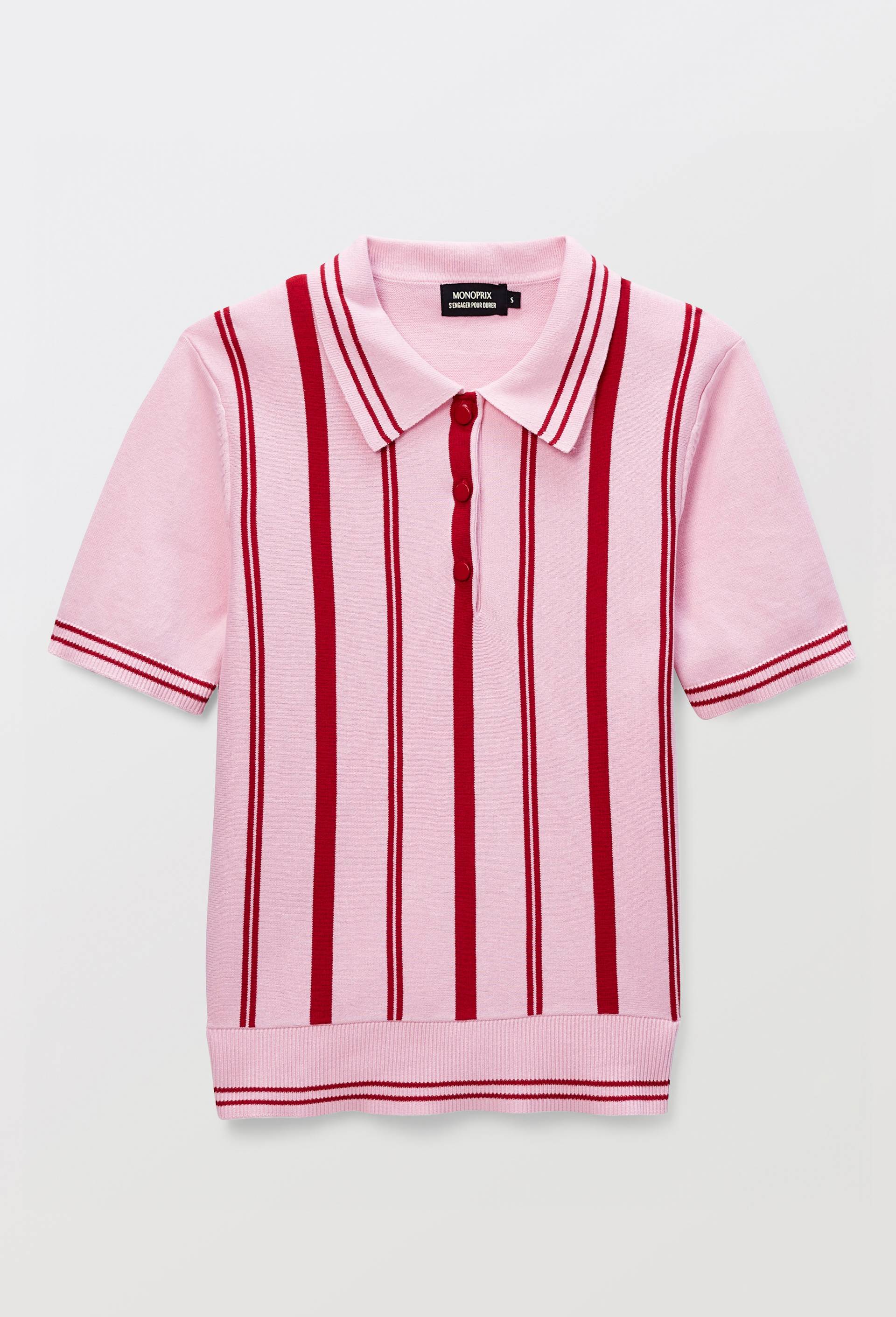 Polo ray&eacute; en maille &agrave; manches courtes, Rose, large image number 2.0