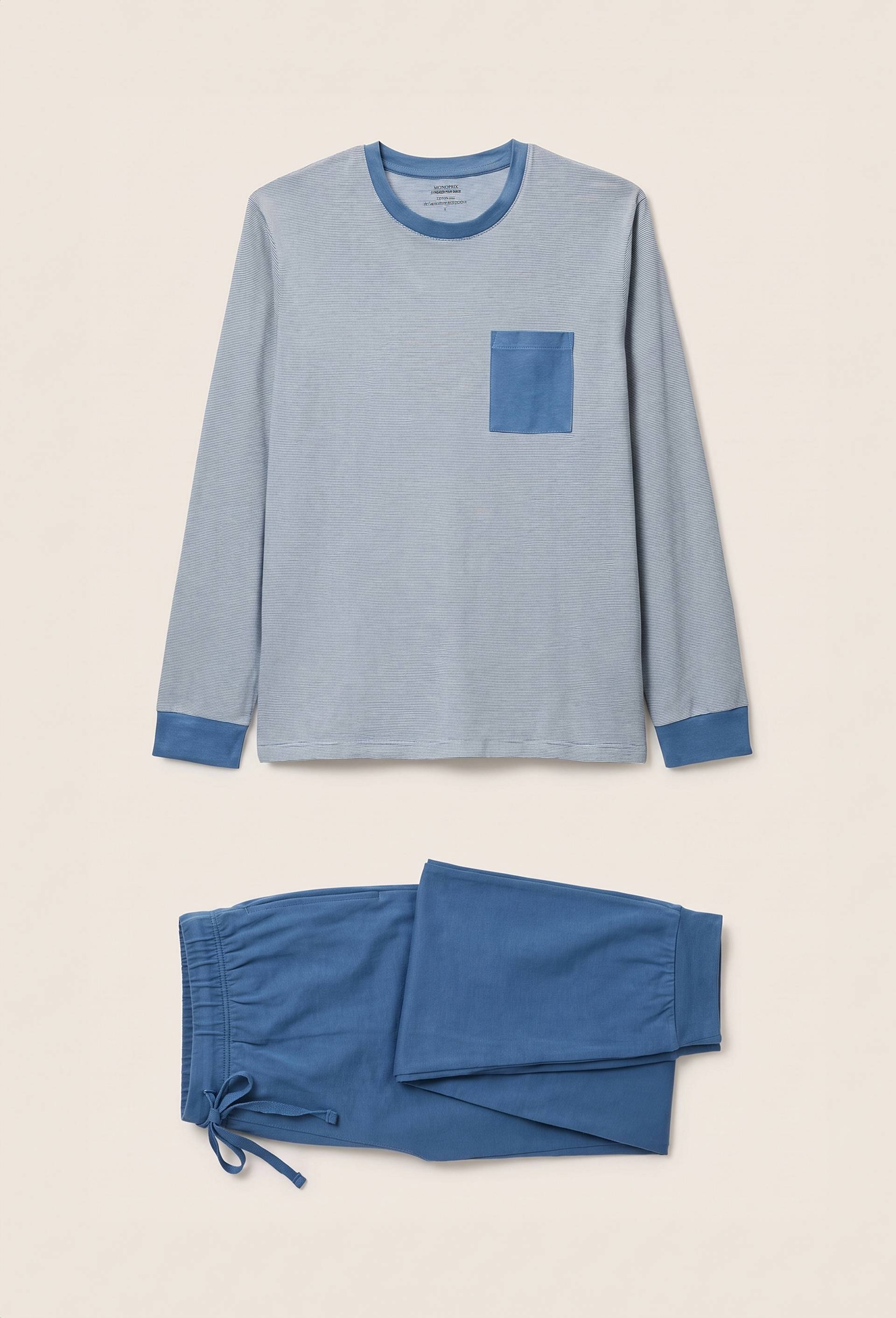 Pyjama T-shirt manches longues  milleraies et pantalon en jersey de coton BIO GOTS, Bleu, large image number 0