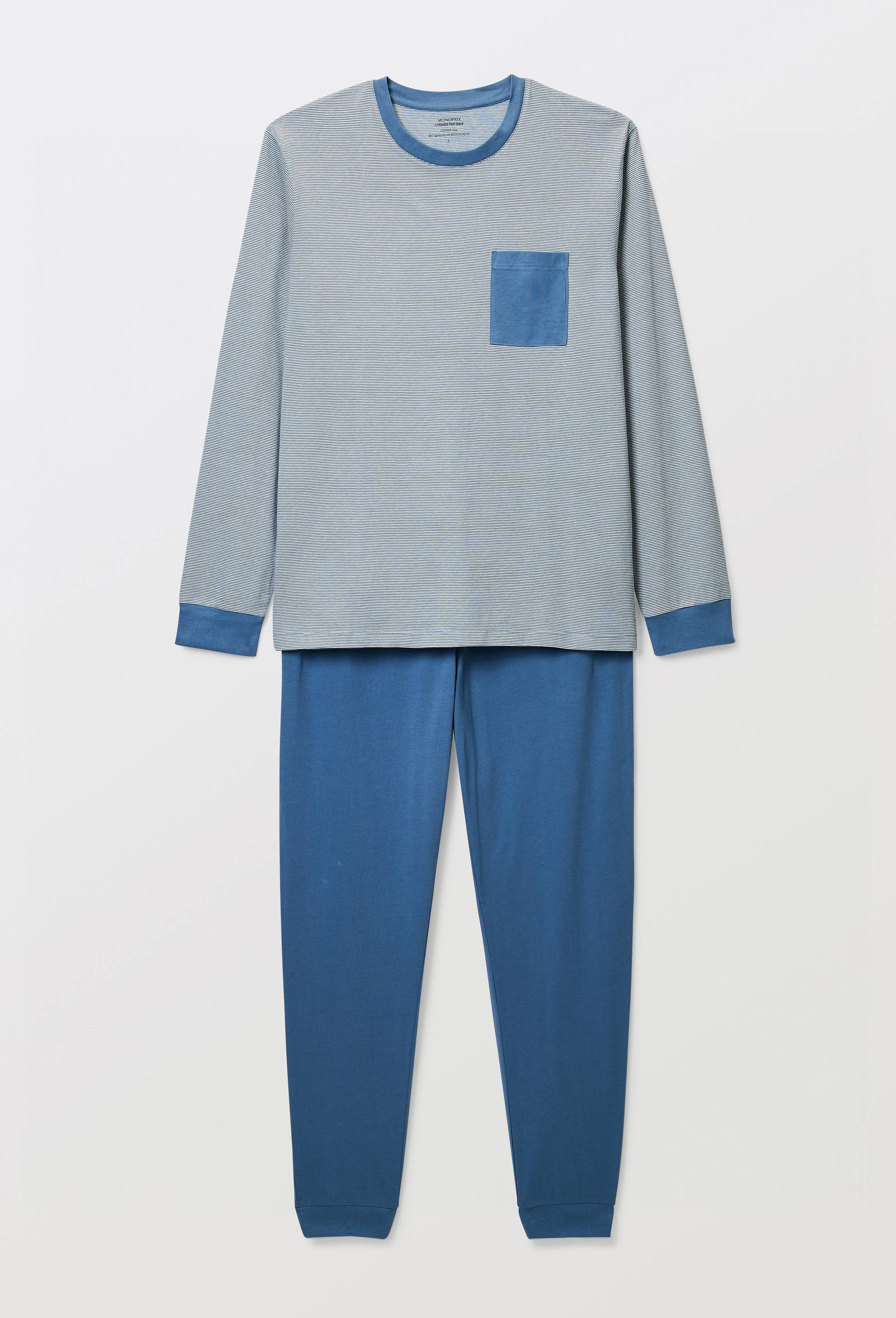 Pyjama T-shirt manches longues  milleraies et pantalon en jersey de coton BIO GOTS, Bleu, large image number 3