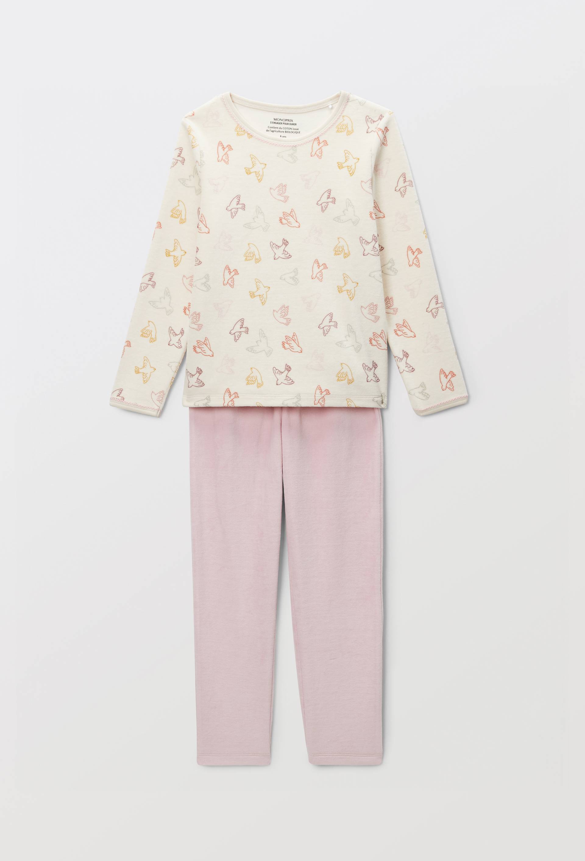 Pyjama velours manches longues imprim&eacute; en coton BIO GOTS, Rose clair, large image number 1.0