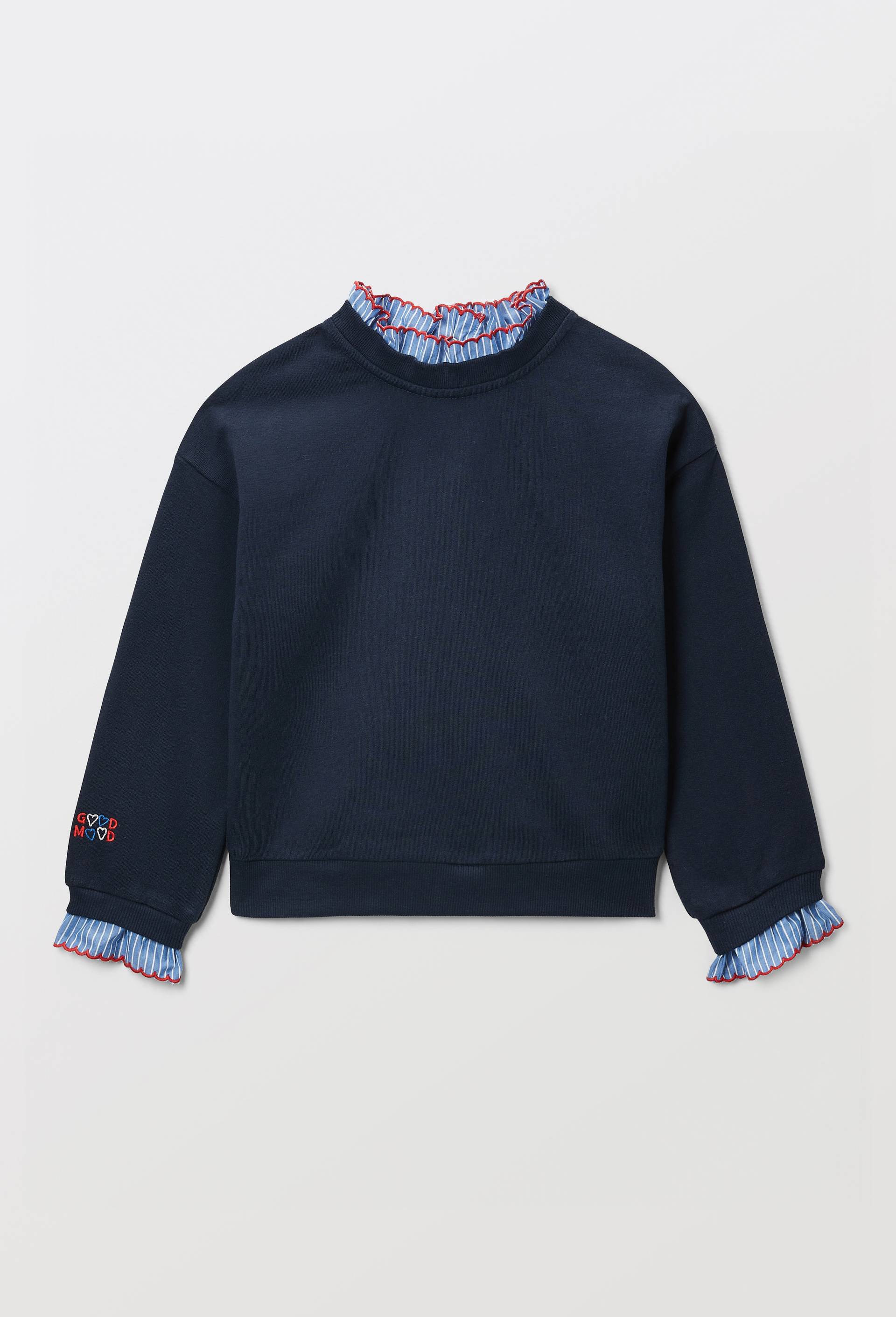 Pull d&eacute;tails col et broderies, Bleu fonc&eacute;, large image number 1