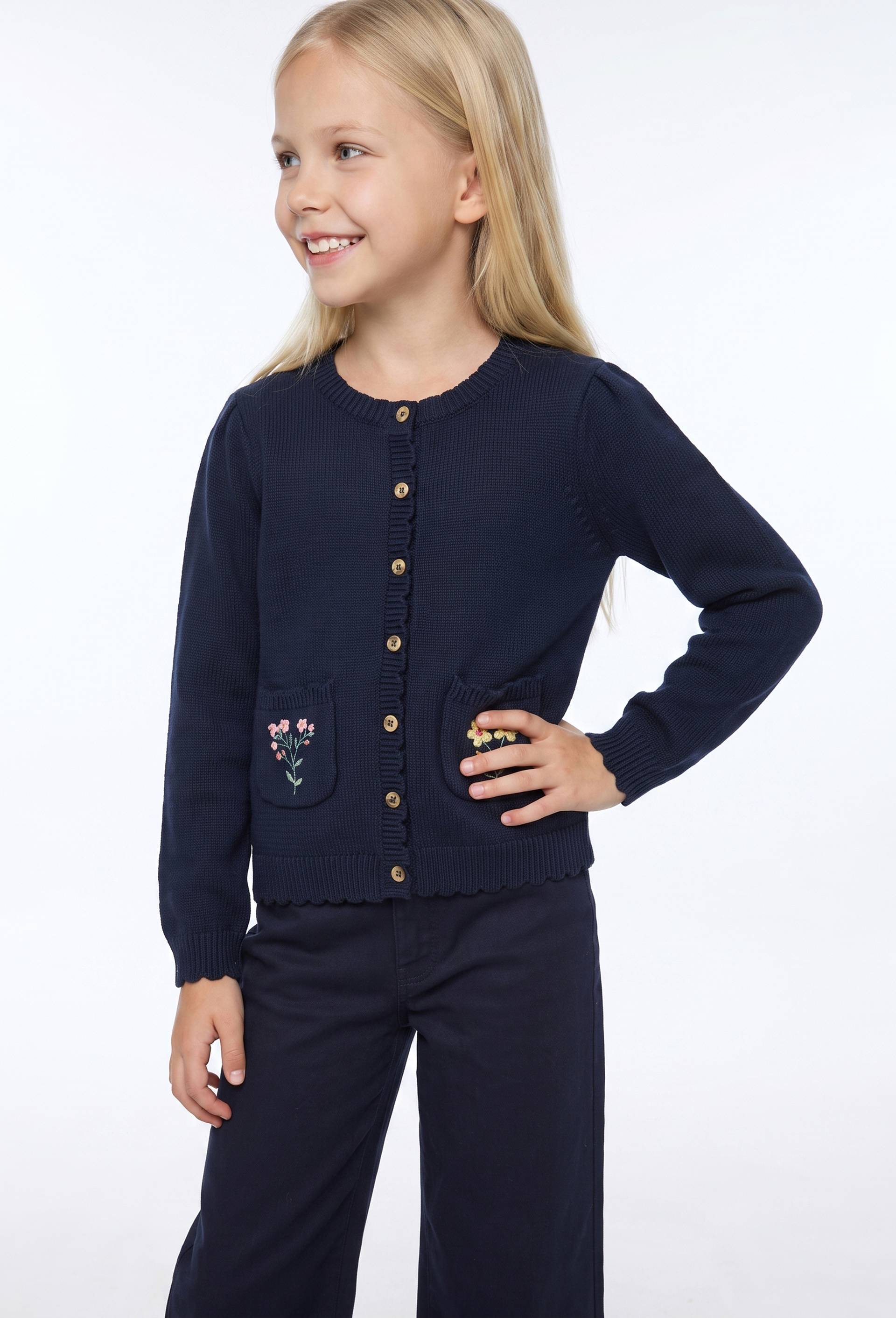 Cardigan poches brod&eacute;es en coton, Bleu fonc&eacute;, swatch image