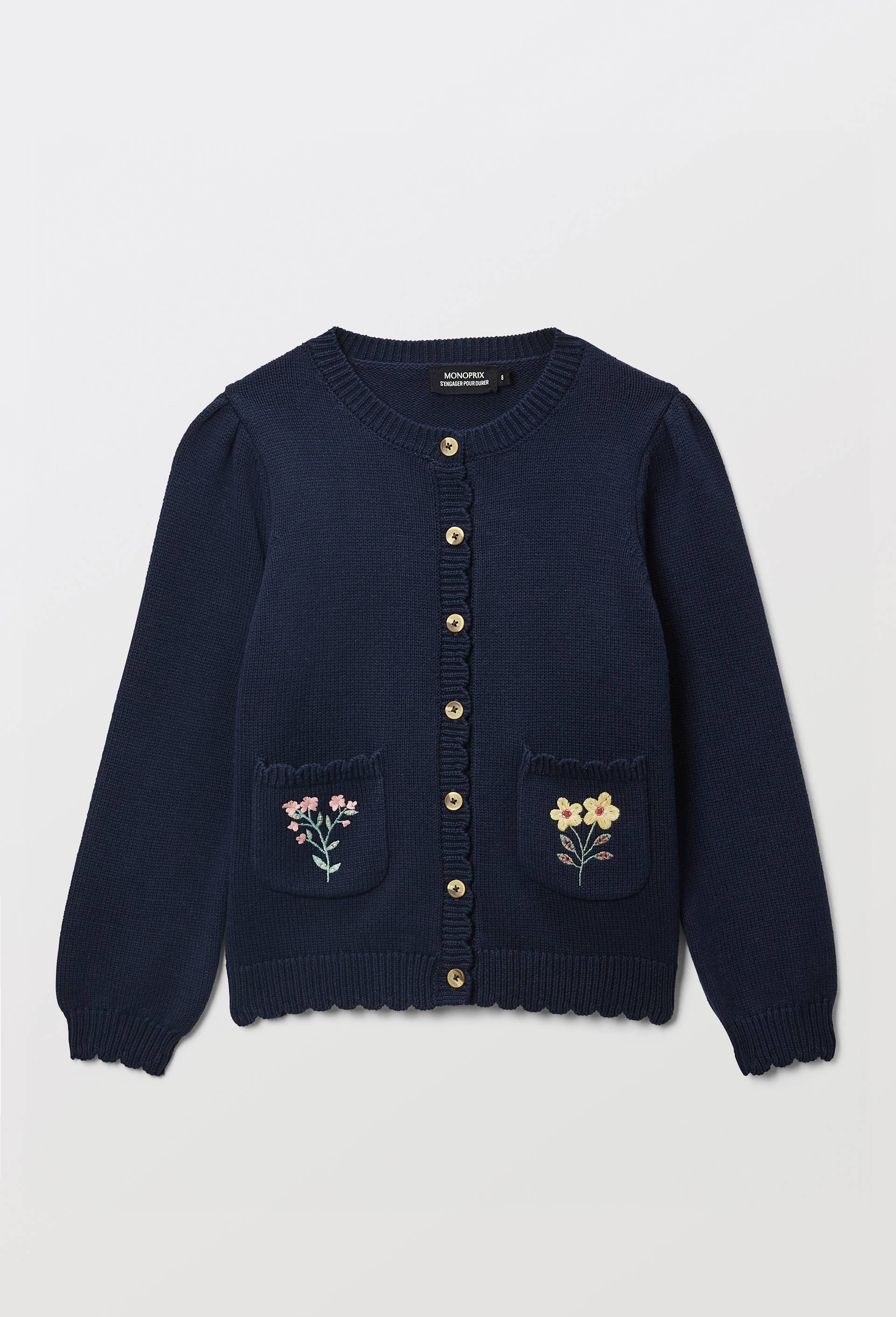 Cardigan poches brod&eacute;es en coton, Bleu fonc&eacute;, large image number 1