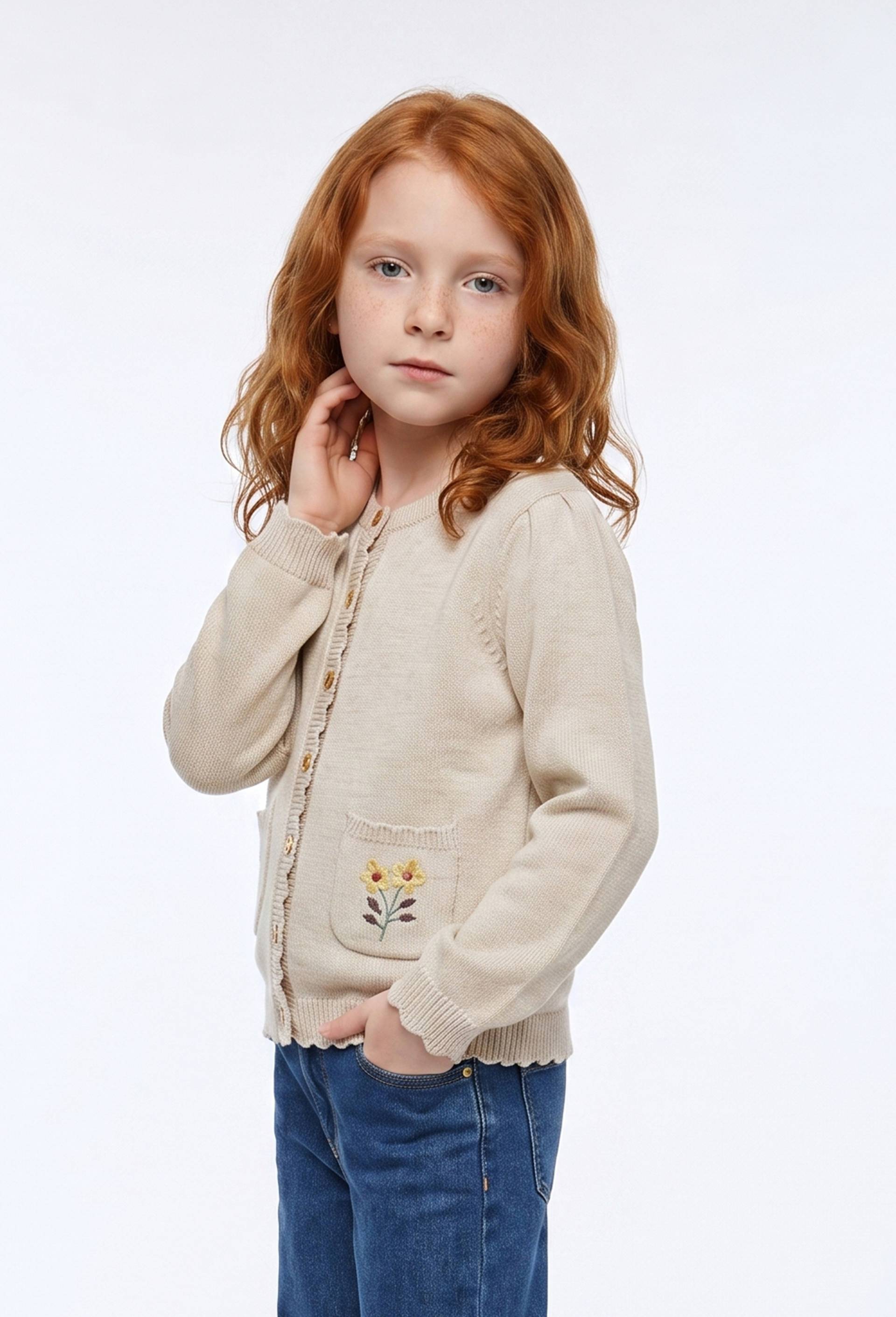 Cardigan poches brod&eacute;es en coton, Beige clair, large image number 0