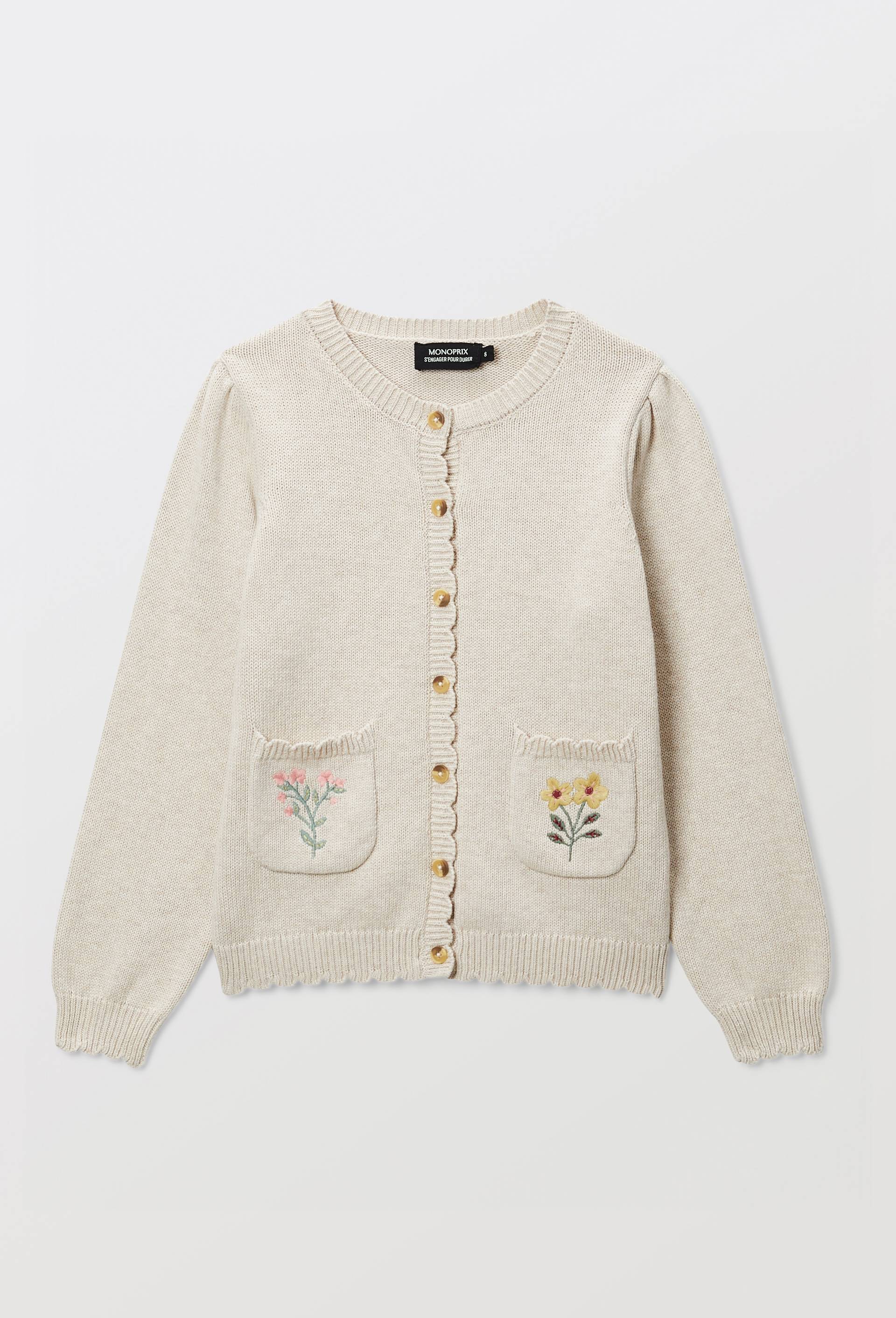 Cardigan poches brod&eacute;es en coton, Beige clair, large image number 1