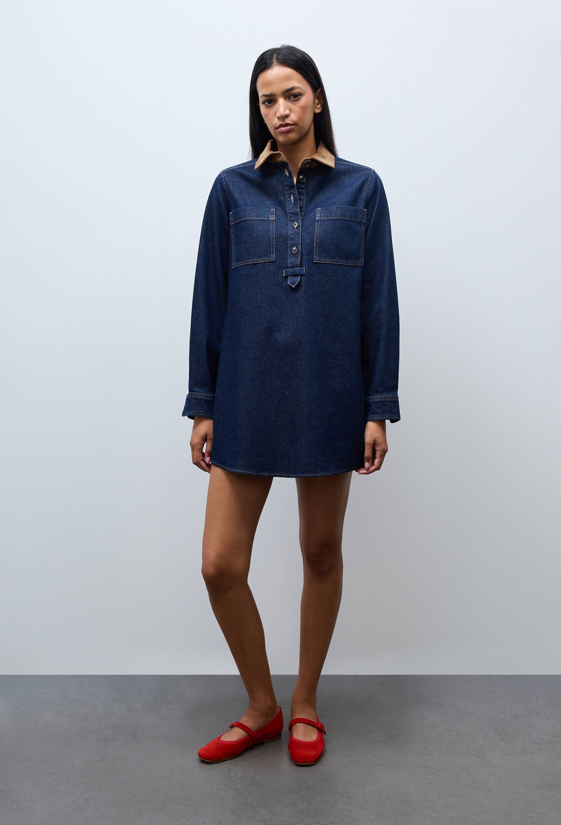 Robe courte jean col velours en coton BIO GOTS, Bleu fonc&eacute;, large image number 0.0