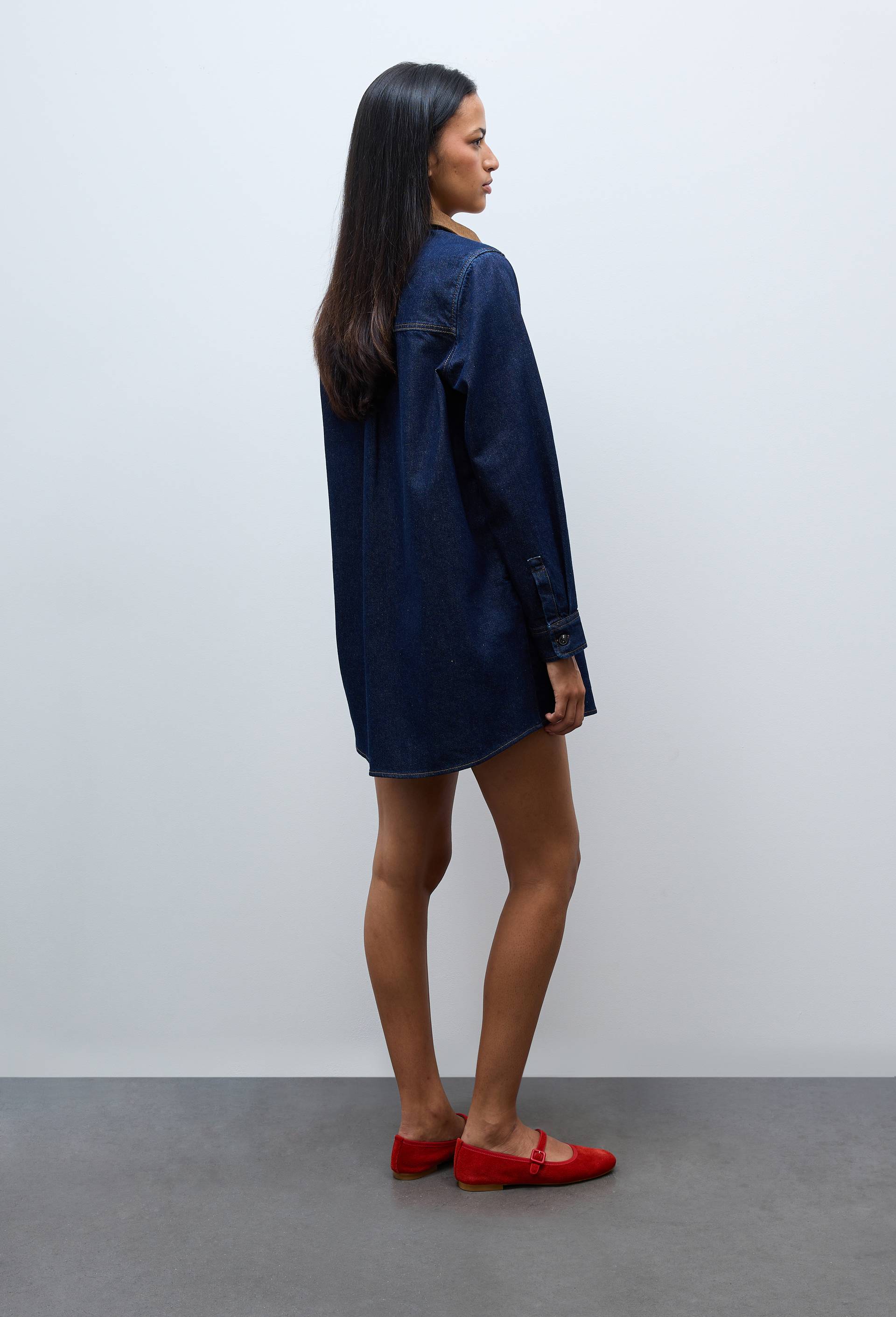 Robe courte jean col velours en coton BIO GOTS, Bleu fonc&eacute;, large image number 1