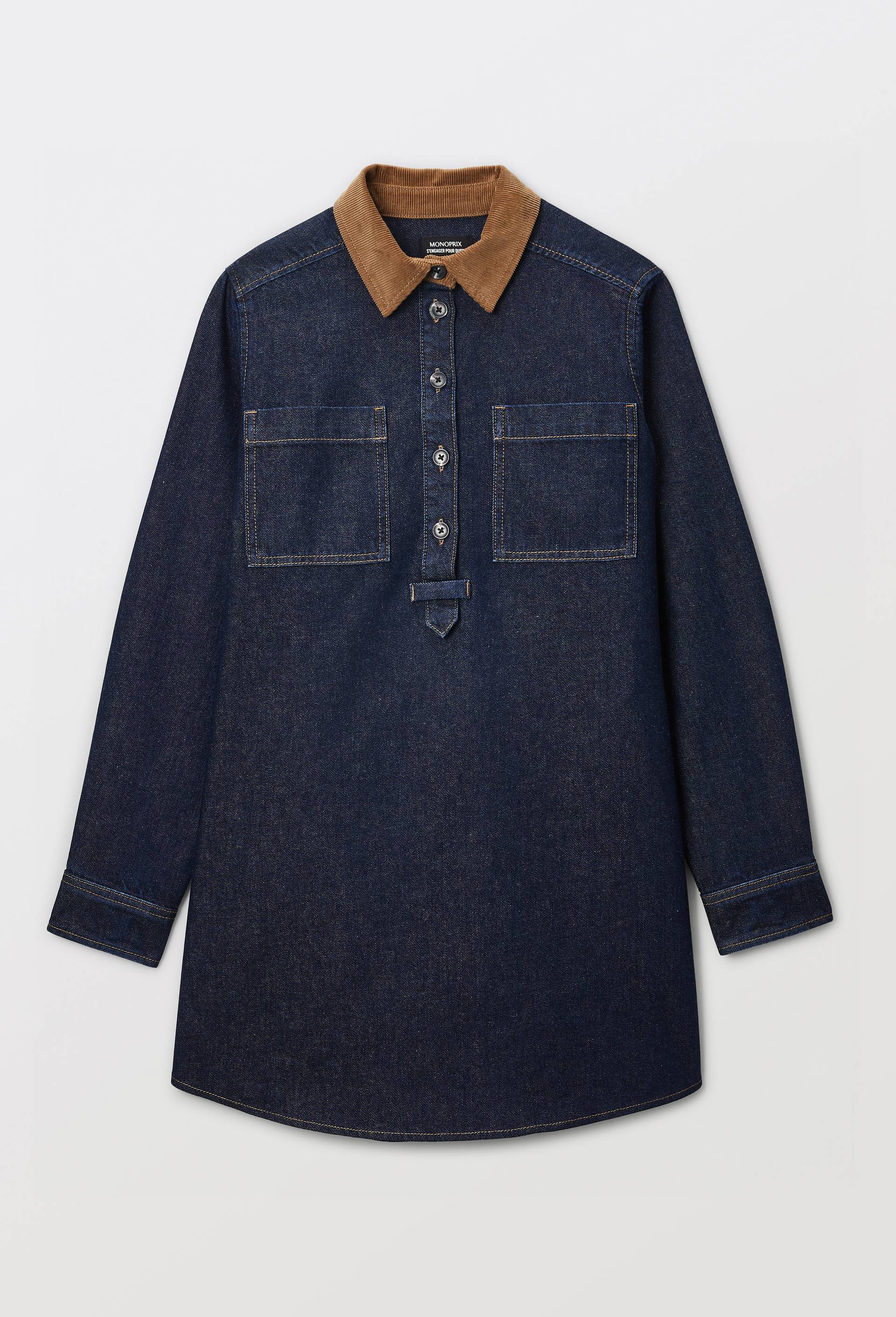 Robe courte jean col velours en coton BIO GOTS, Bleu fonc&eacute;, large image number 2