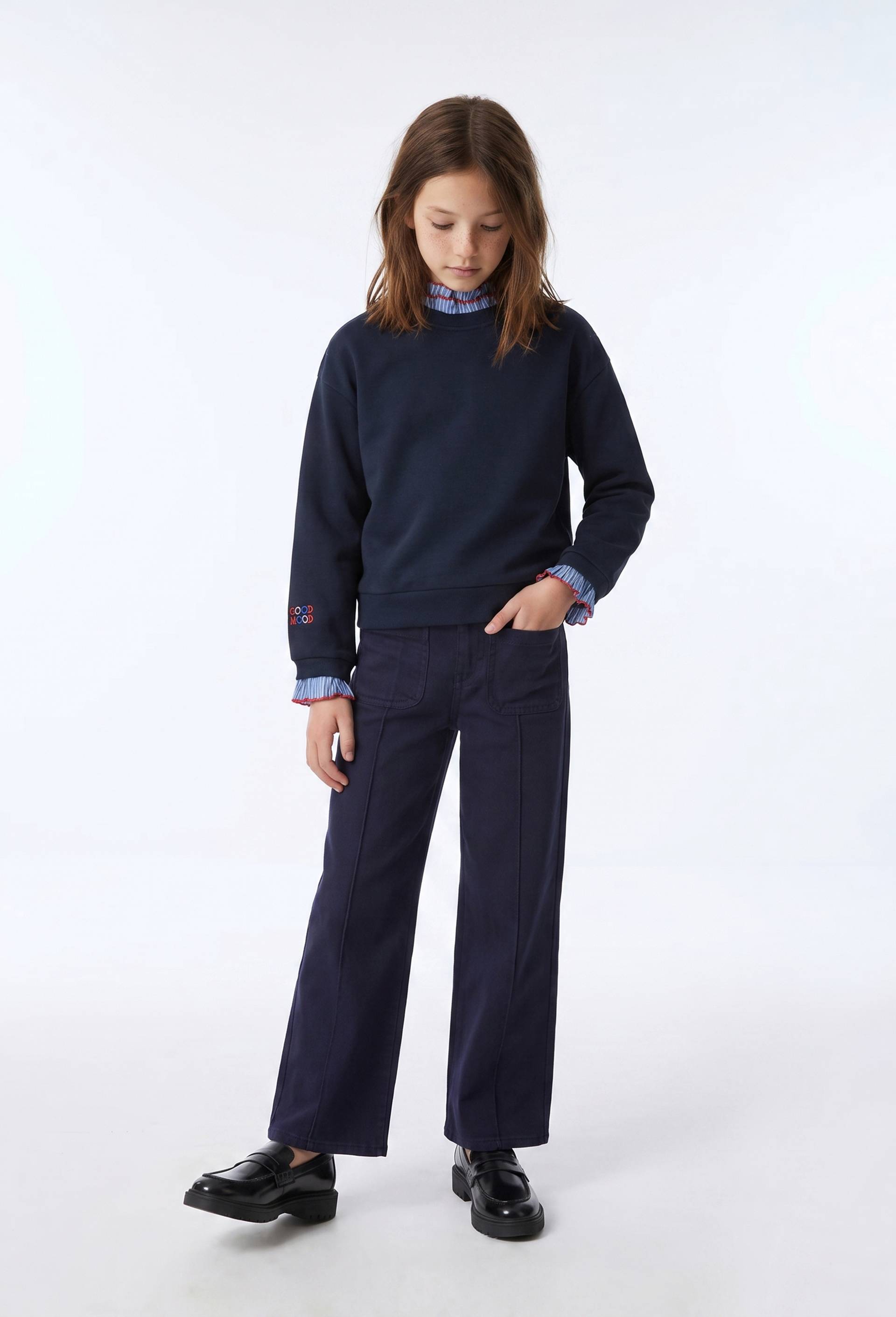 Pantalon large avec poche en coton, Bleu fonc&eacute;, swatch image