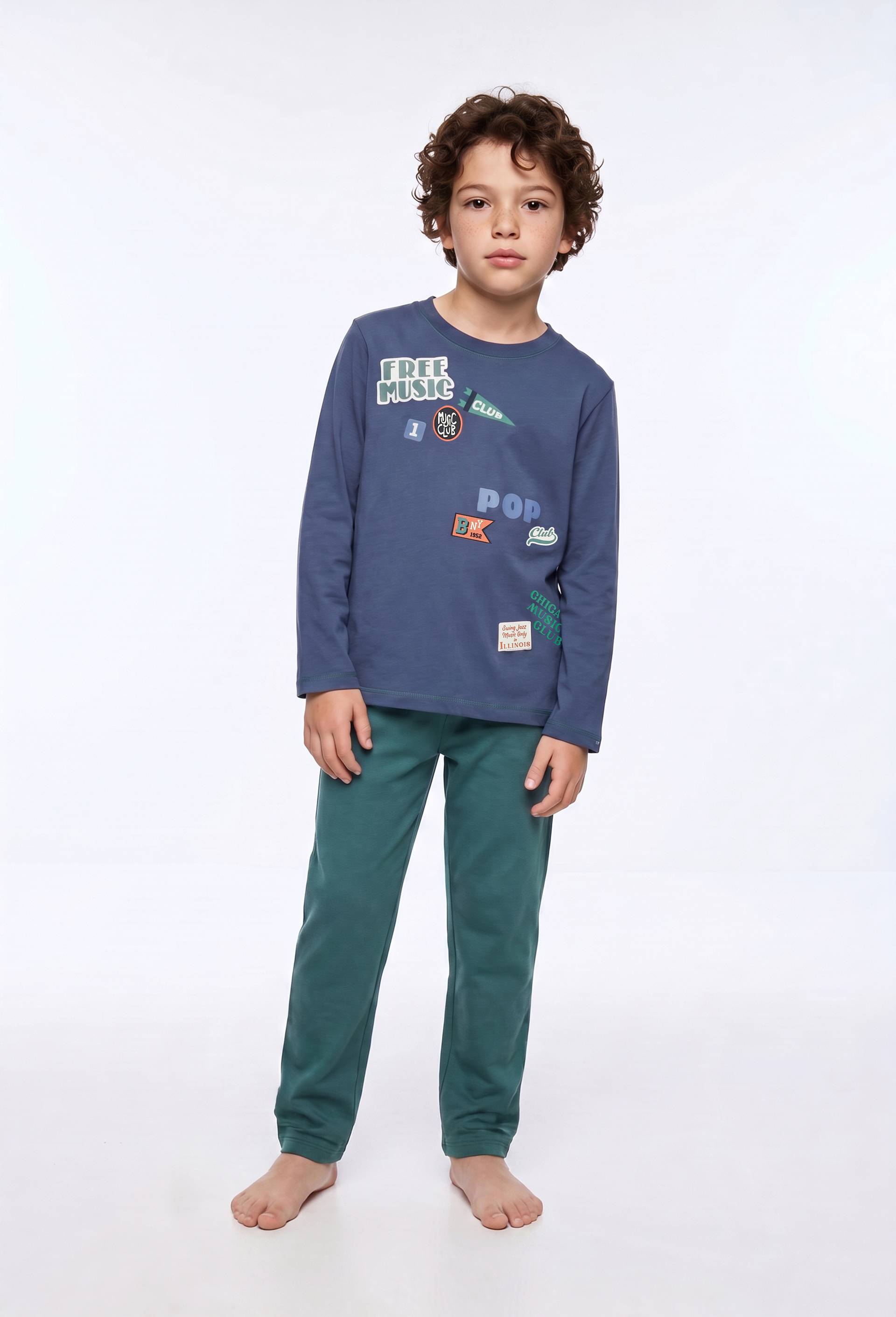 Pyjama manches longues imprim&eacute; en coton bio GOTS, Vert fonc&eacute;, large image number 0