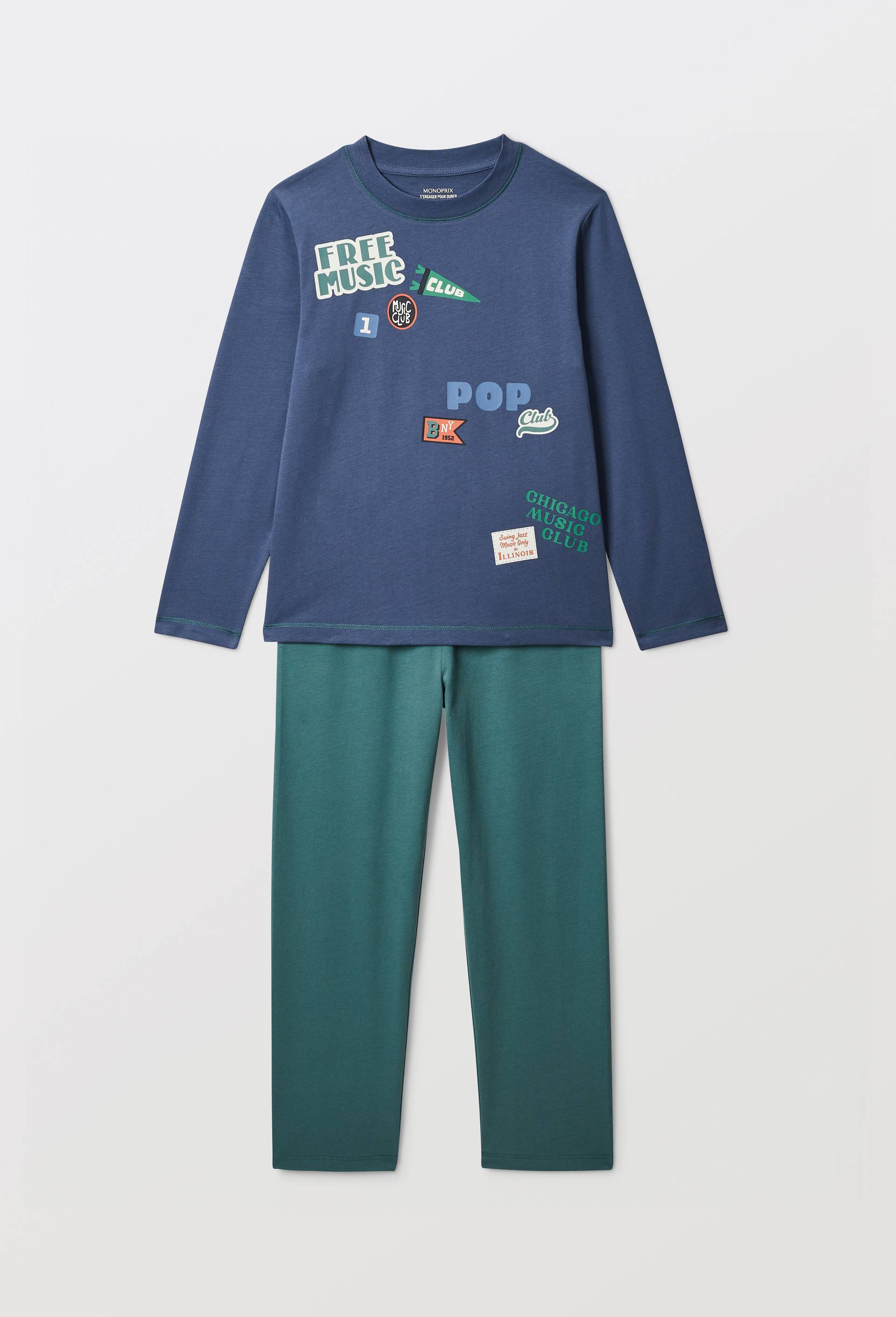 Pyjama manches longues imprim&eacute; en coton bio GOTS, Vert fonc&eacute;, large image number 1
