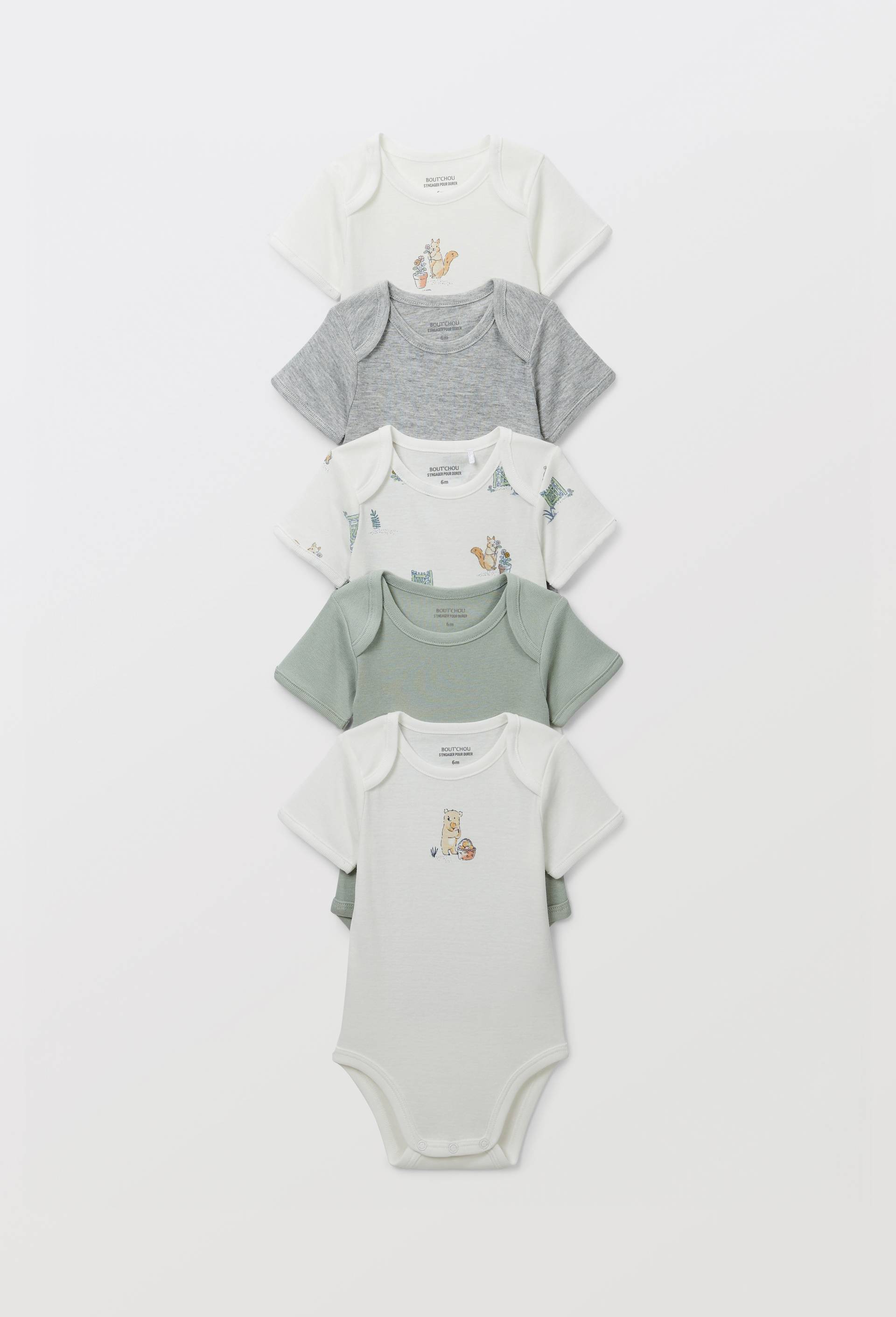 Lot de 5 bodies manches courtes imprim&eacute; en coton BIO GOTS, Ecru, large image number 0.0