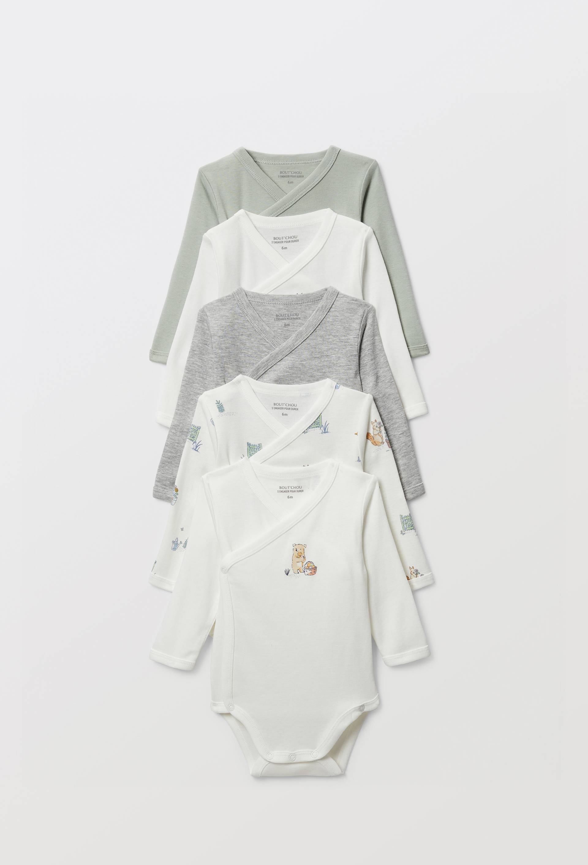 Lot de 5 bodies manches longues imprim&eacute; en coton BIO GOTS, Ecru, large image number 0