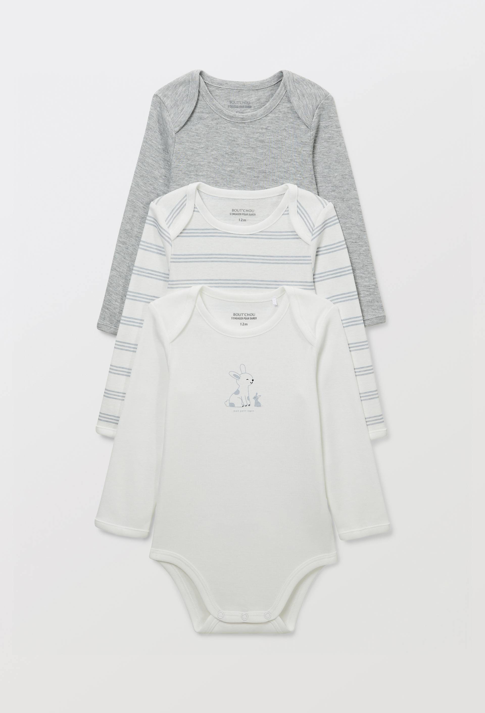 Lot de 3 bodies manches longues uni en coton BIO GOTS, Blanc, large image number 0