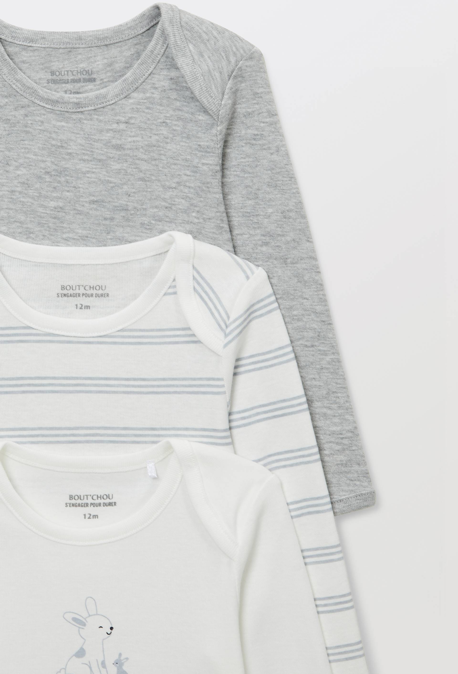 Lot de 3 bodies manches longues uni en coton BIO GOTS, Blanc, large image number 2.0