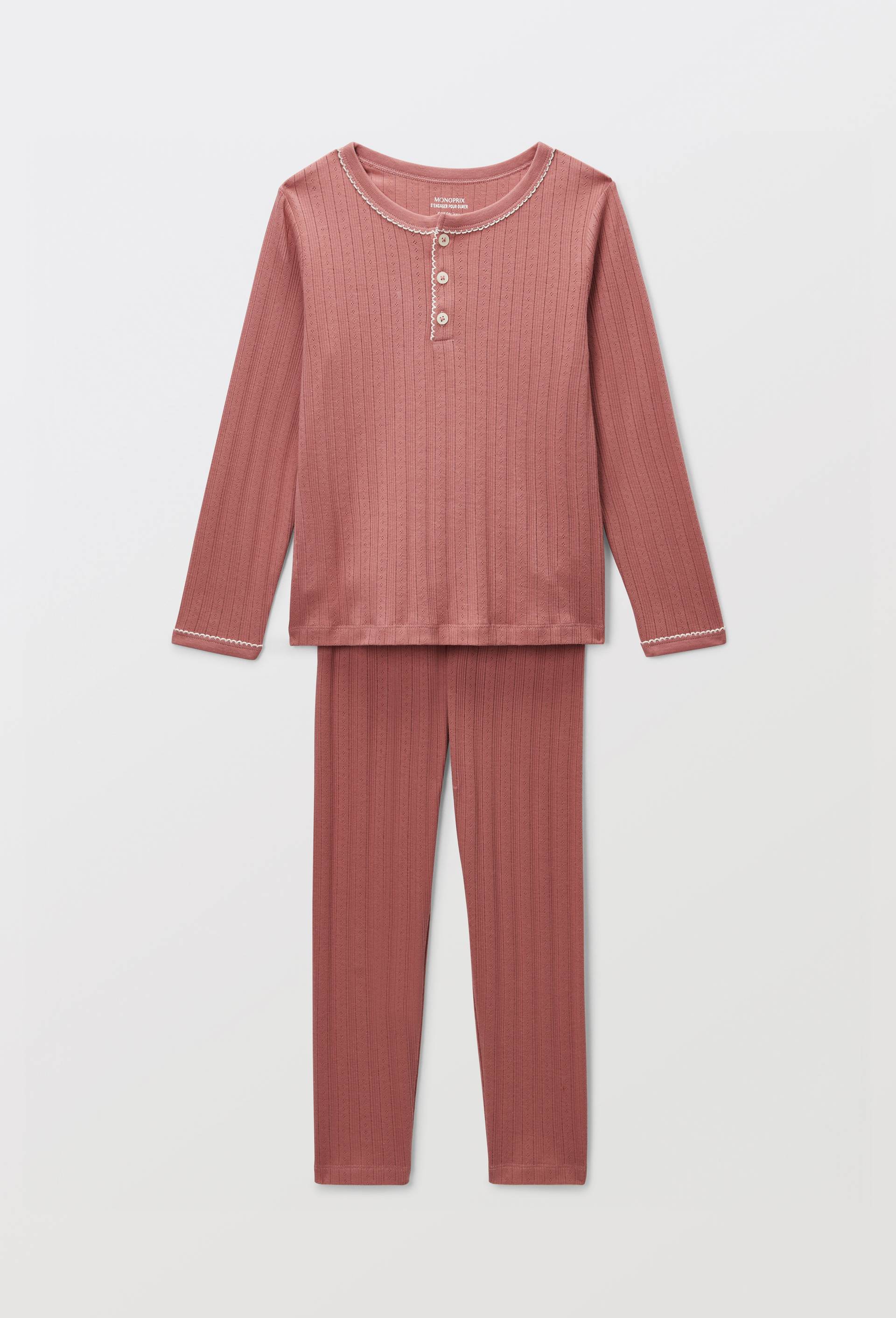 Pyjama manches longues pointelle en coton BIO GOTS, Rose fonc&eacute;, large image number 1