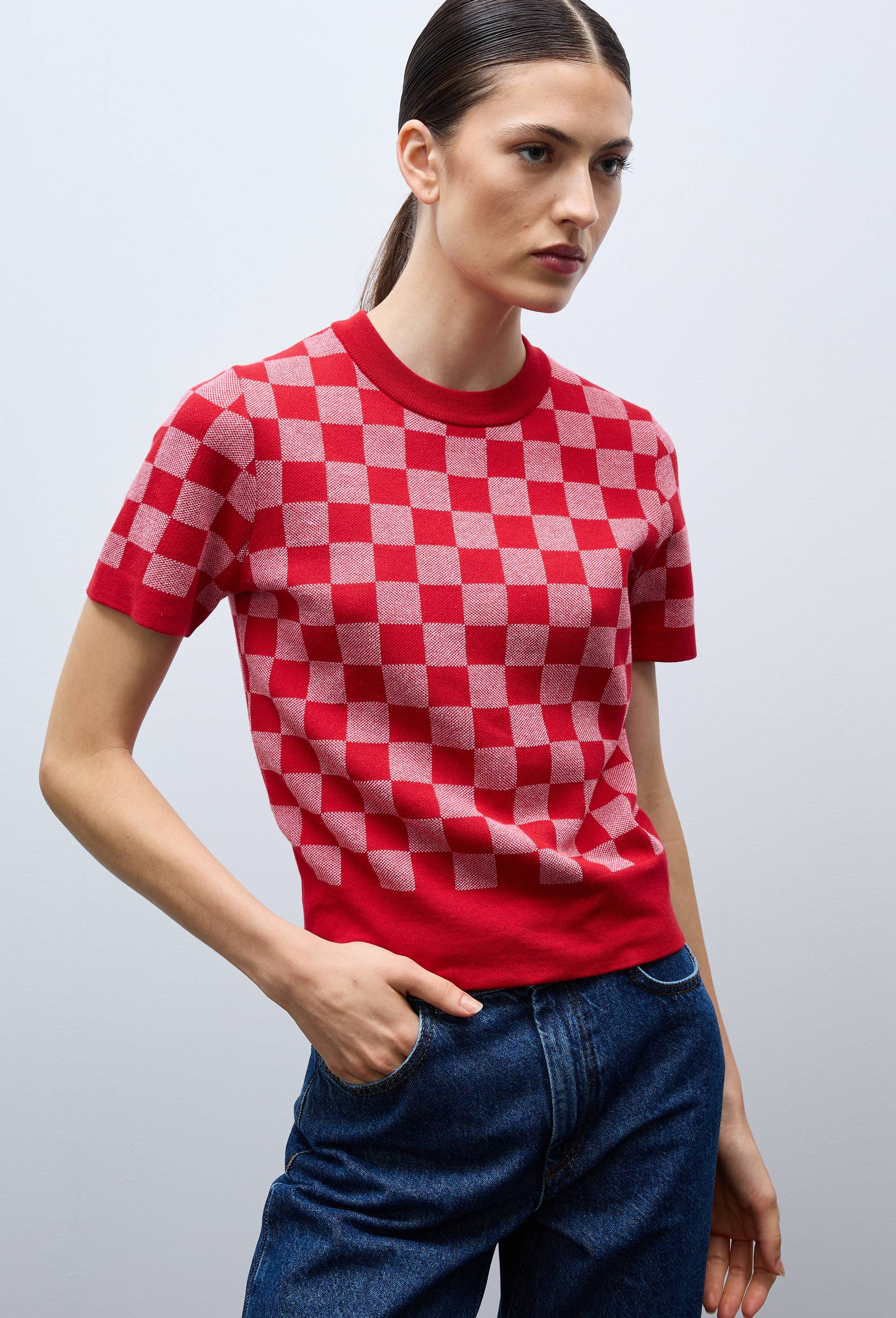 Pull manches courtes motif vichy, Rouge, large image number 0